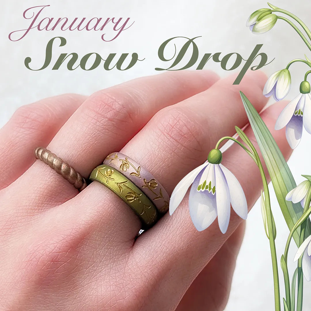 Gold Snowdrop Silicone Ring, January Birth Flower on Arc 4mm