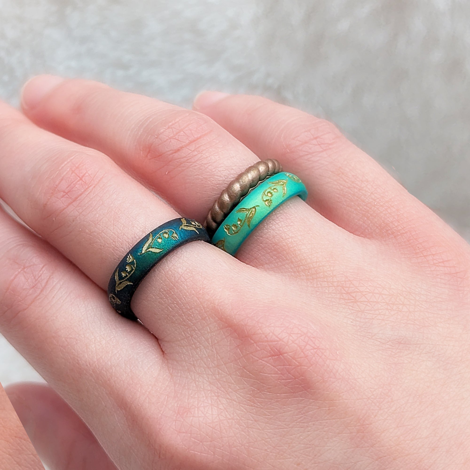 Lily of the Valley Silicone Ring, May Birth Flower, Engraved with Gold Inlay