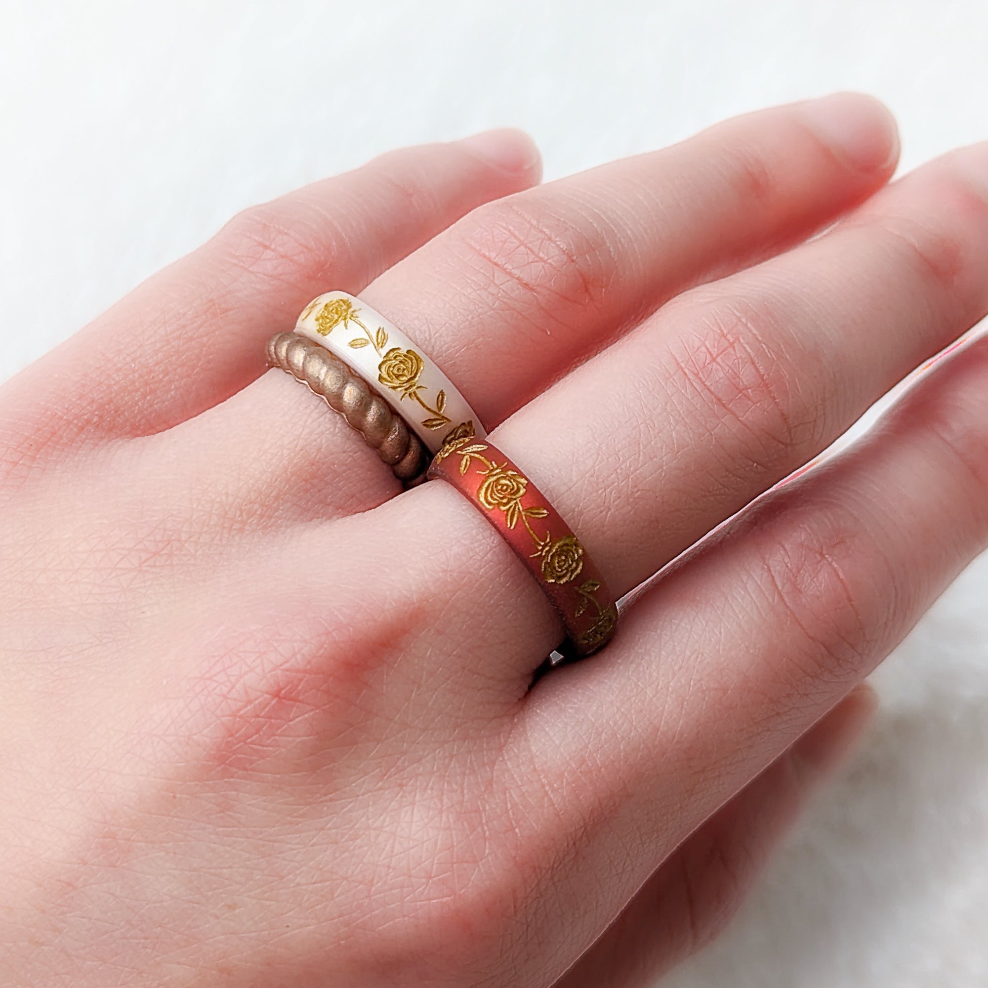Rose Silicone Ring, June Birth Flower, Engraved with Gold Inlay