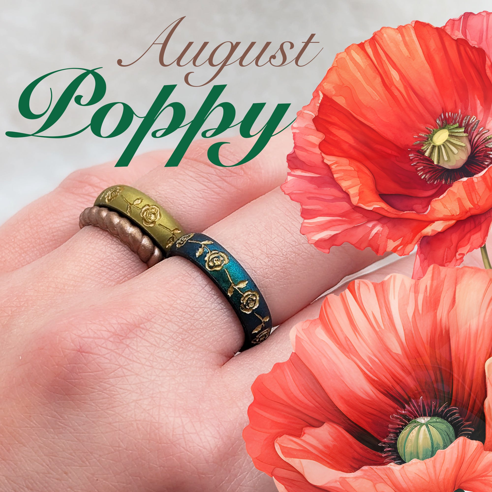 Poppy Silicone Ring, August Birth Flower, Engraved with Gold Inlay