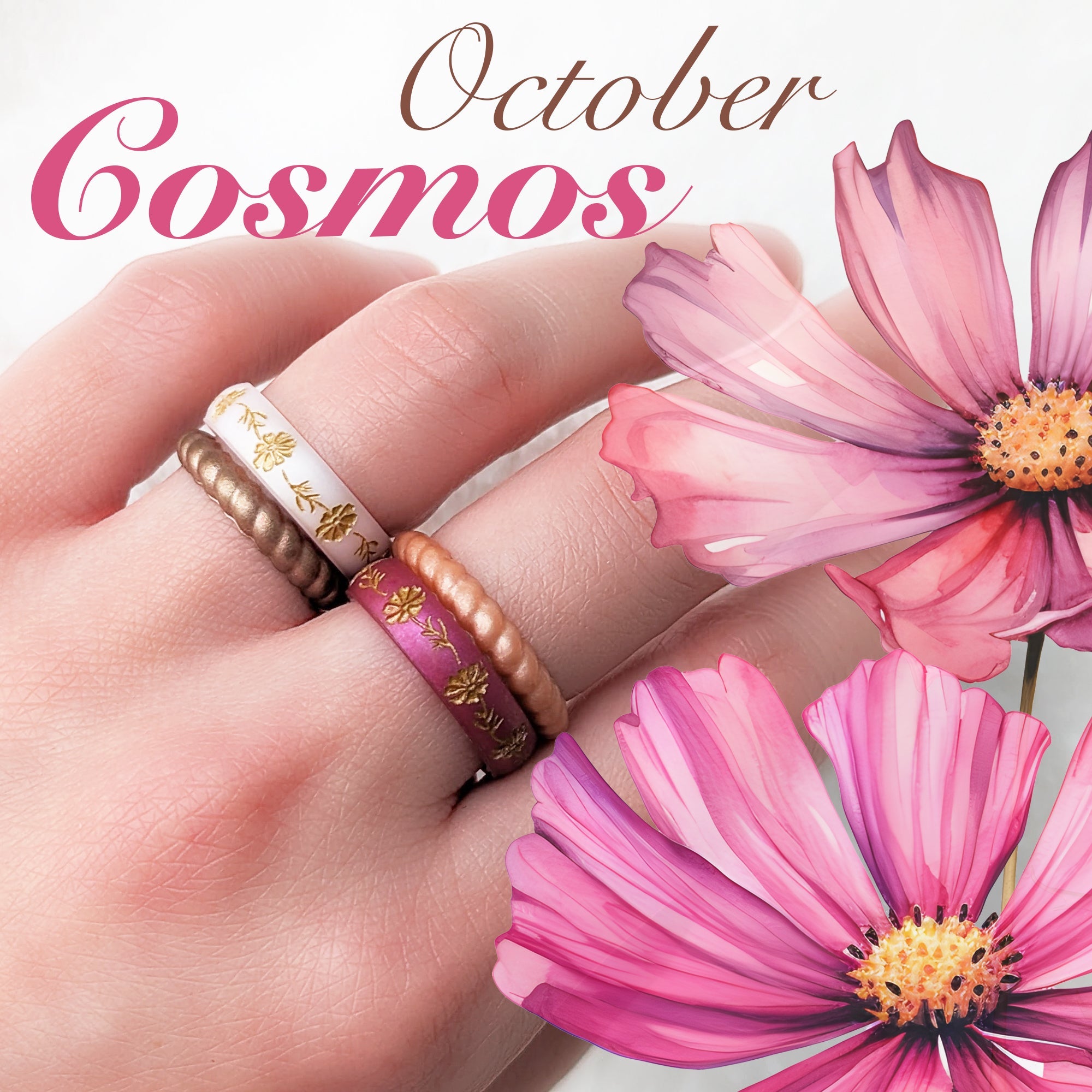 Cosmos Silicone Ring, October Birth Flower, Engraved with Gold Inlay