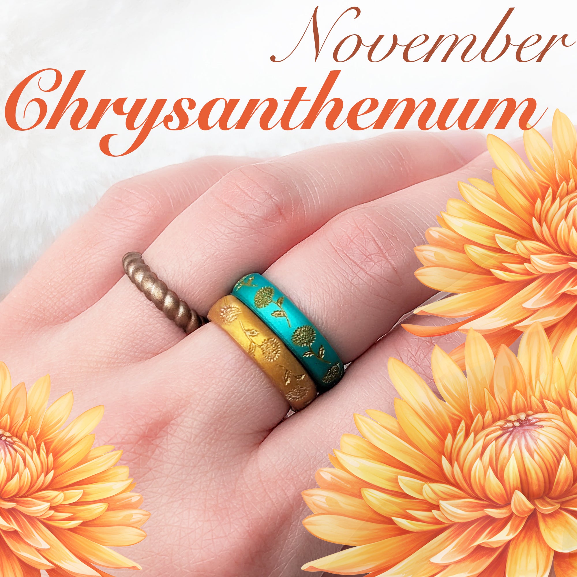 Chrysanthemum Silicone Ring, November Birth Flower, Engraved with Gold Inlay