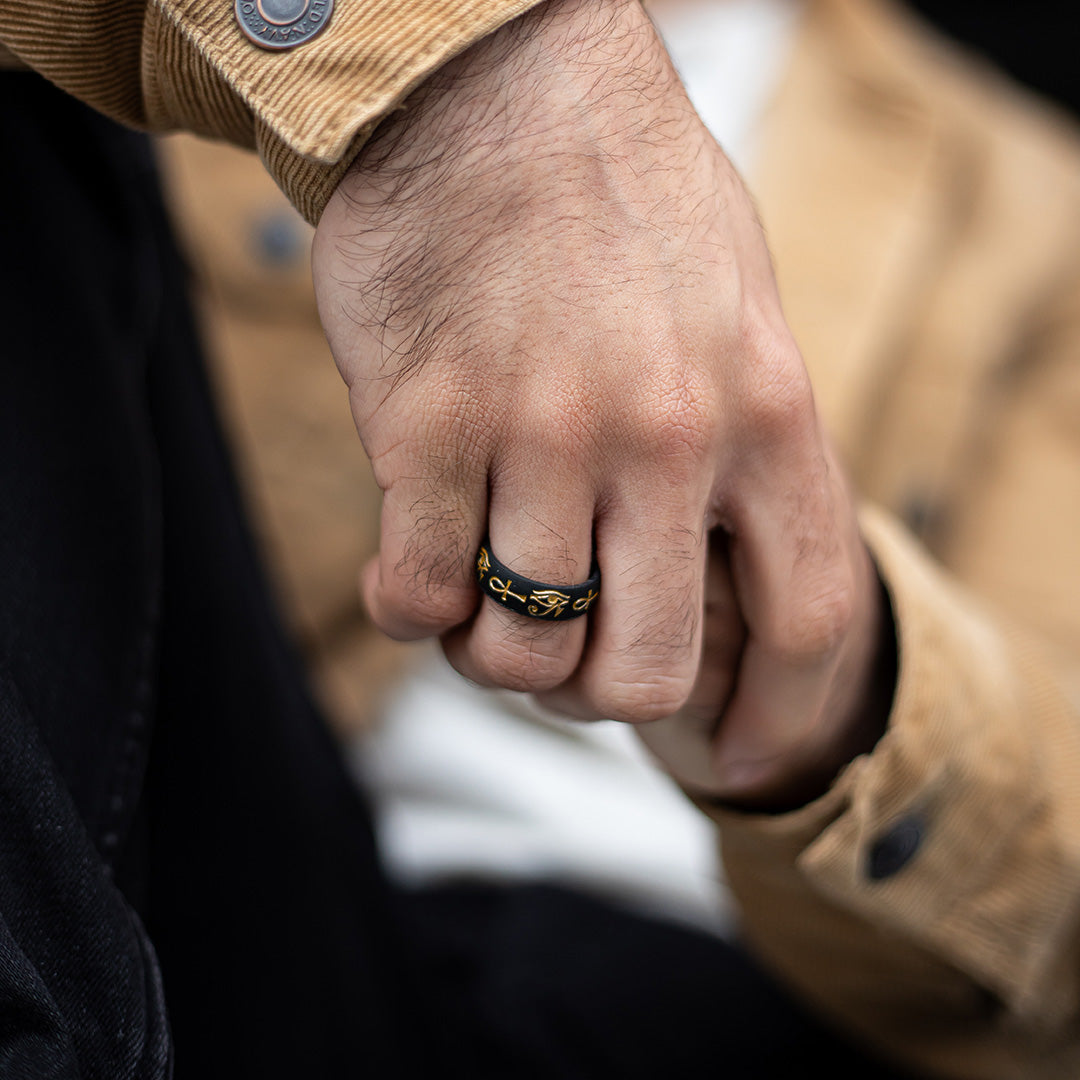 Gold Eye of Horus & Ankh Silicone Ring on Arc 6mm