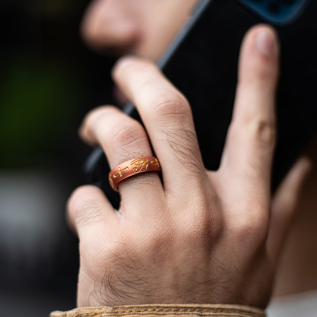 Gold Eye of Horus & Ankh Silicone Ring on Arc 6mm