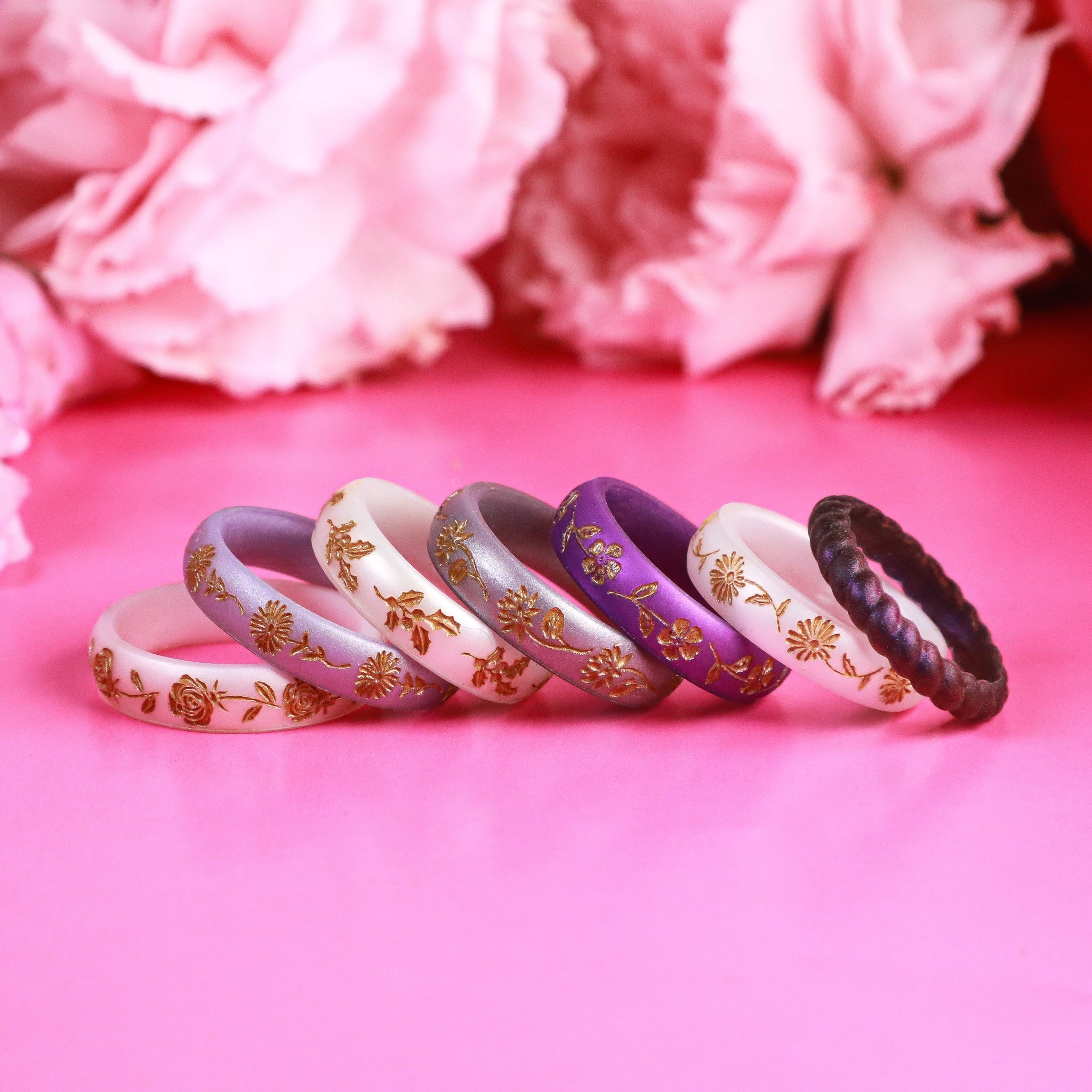 Rose Silicone Ring, June Birth Flower, Engraved with Gold Inlay