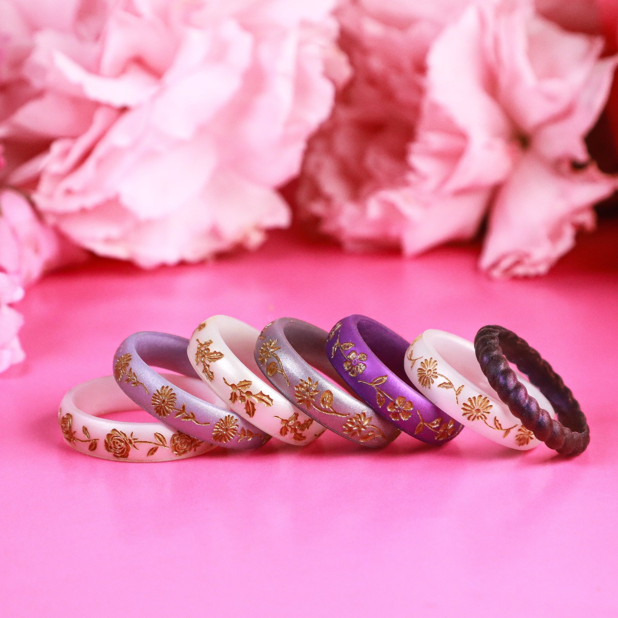 Aster Silicone Ring, September Birth Flower, Engraved with Gold Inlay
