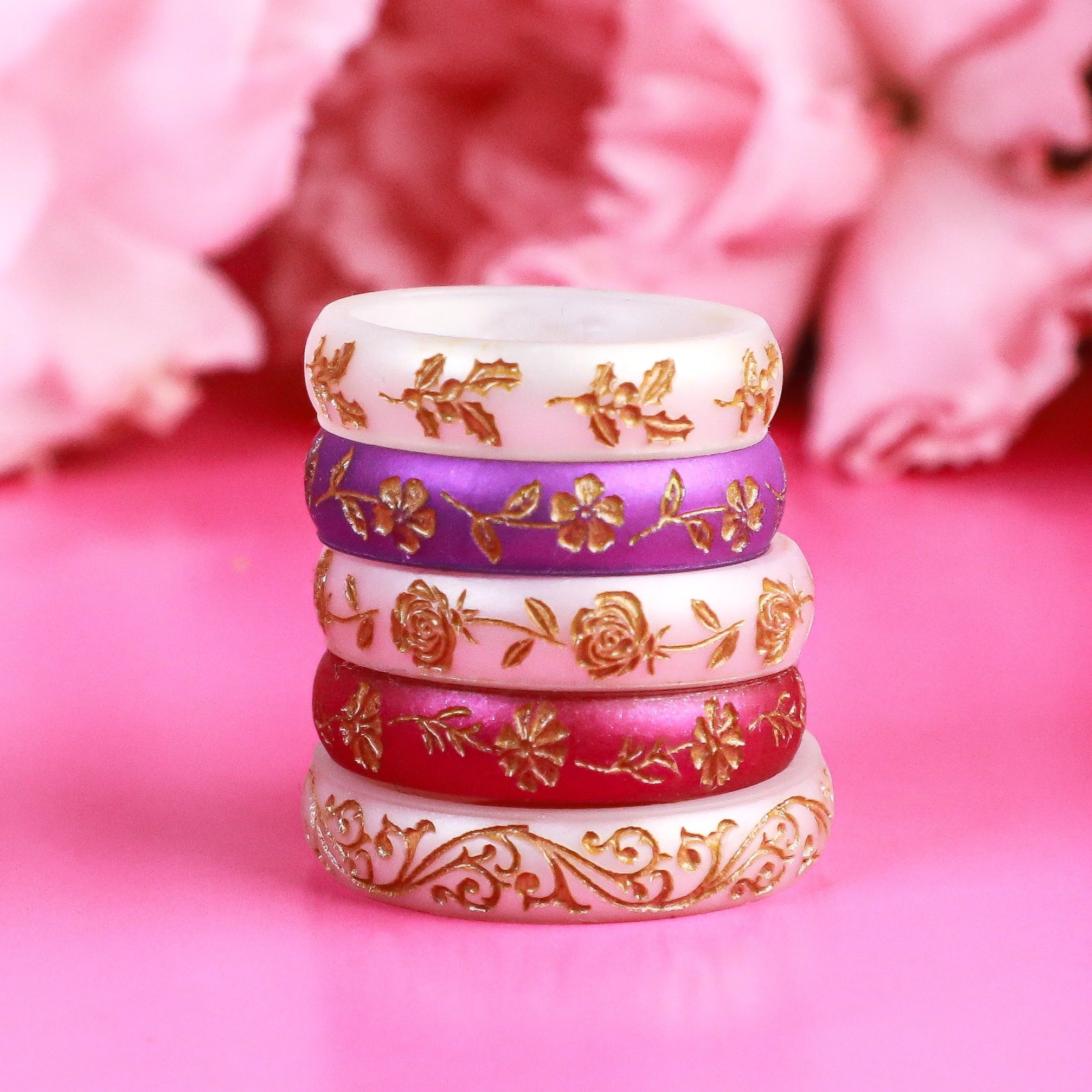Rose Silicone Ring, June Birth Flower, Engraved with Gold Inlay