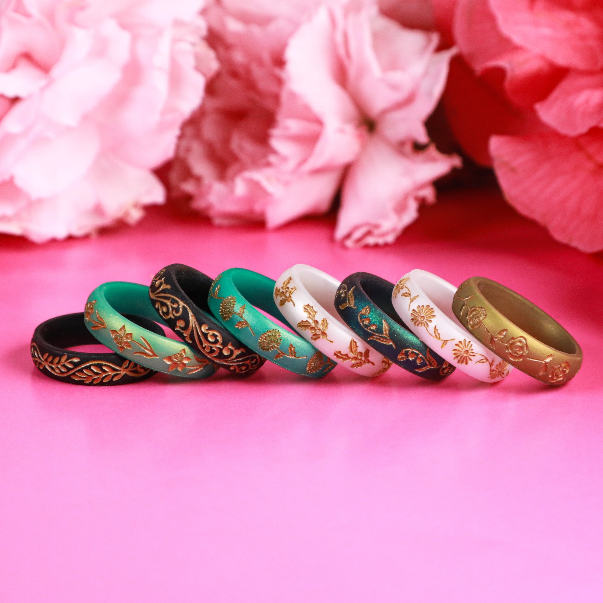 Lily of the Valley Silicone Ring, May Birth Flower, Engraved with Gold Inlay