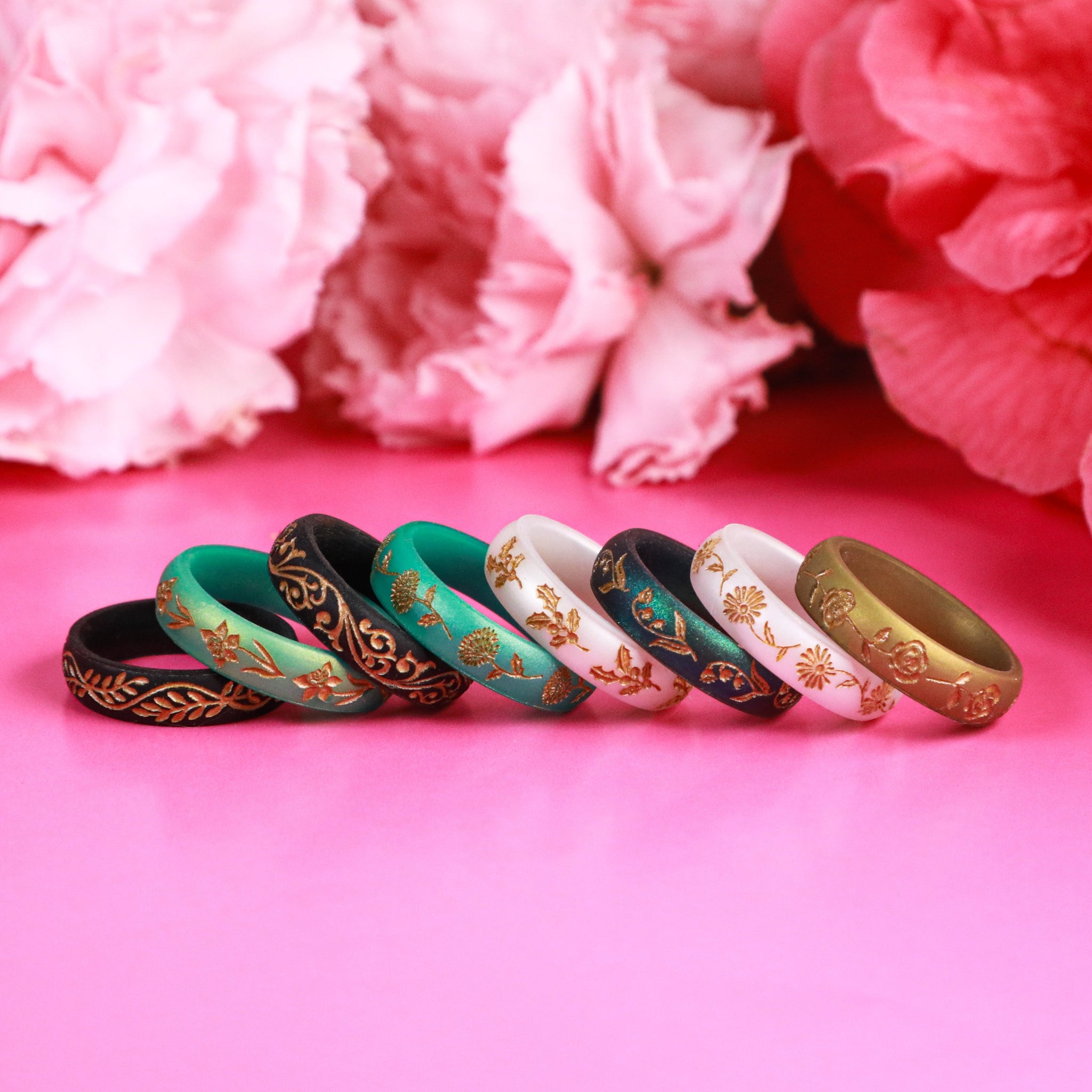 Chrysanthemum Silicone Ring, November Birth Flower, Engraved with Gold Inlay