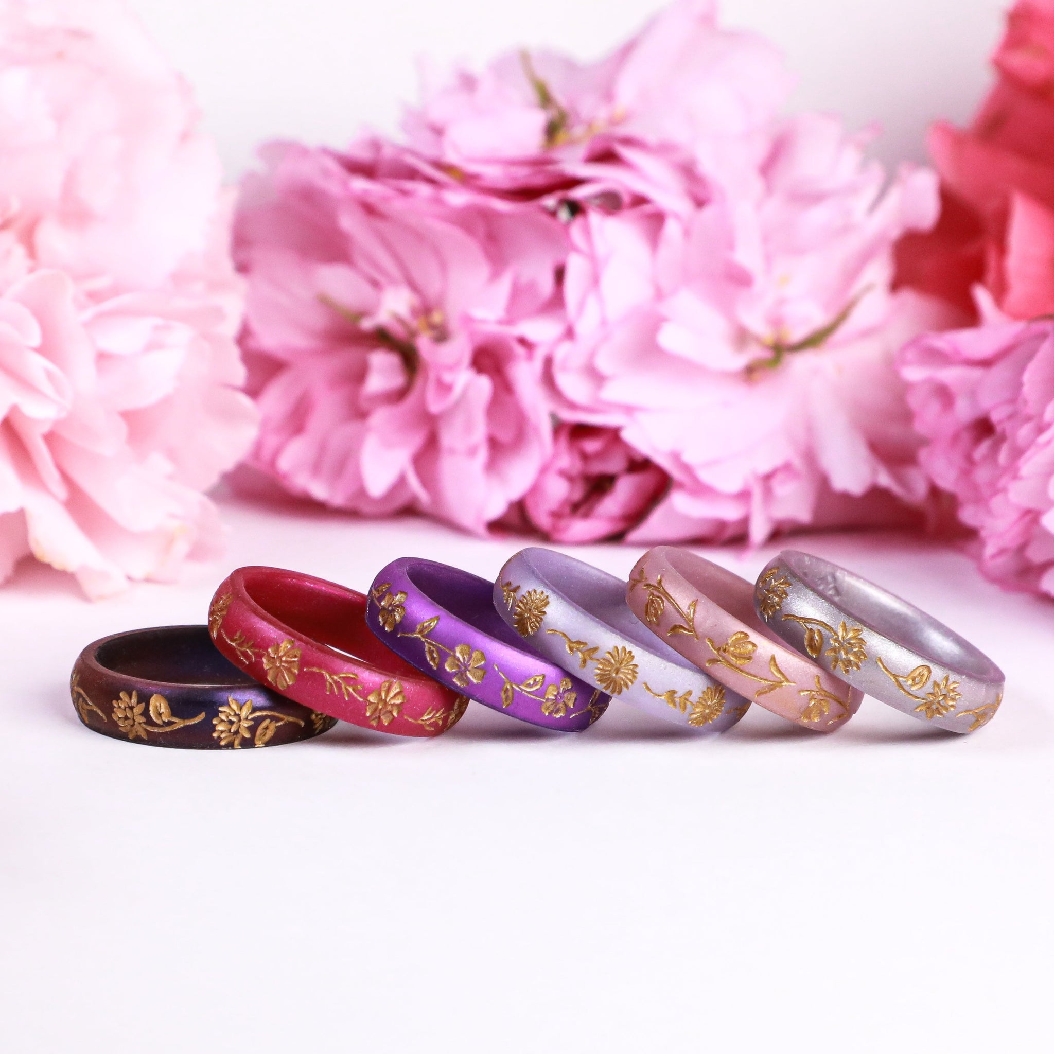 Primrose Silicone Ring, February Birth Flower, Engraved with Gold Inlay