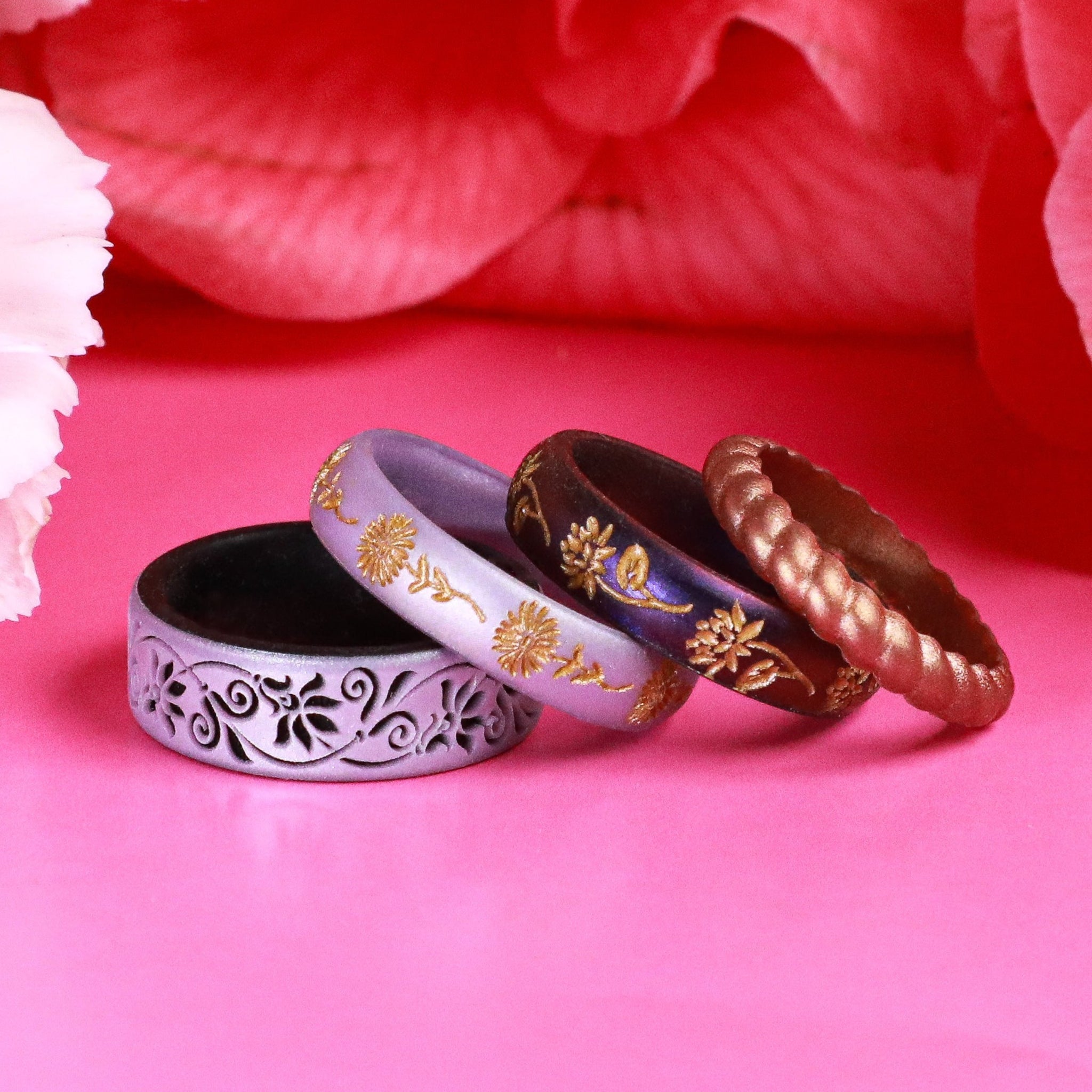 Chrysanthemum Silicone Ring, November Birth Flower, Engraved with Gold Inlay