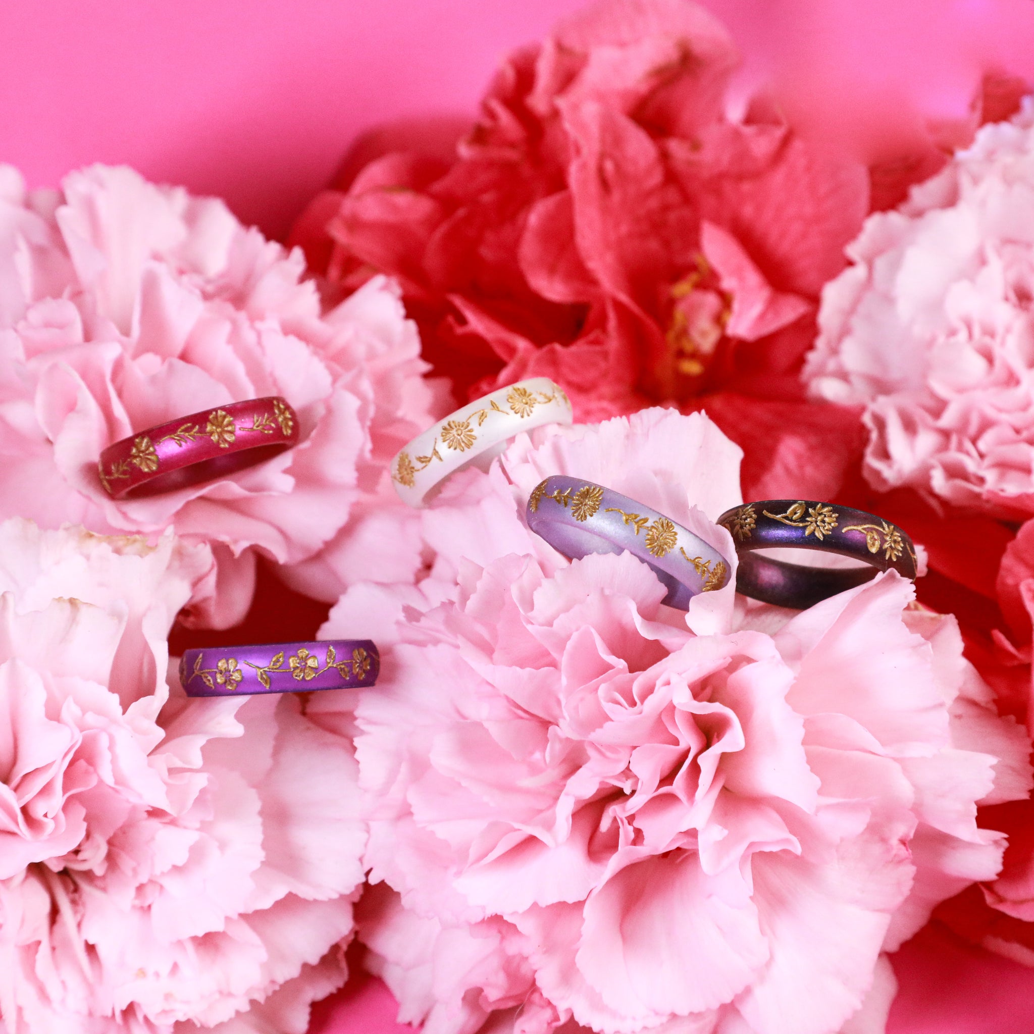 Aster Silicone Ring, September Birth Flower, Engraved with Gold Inlay