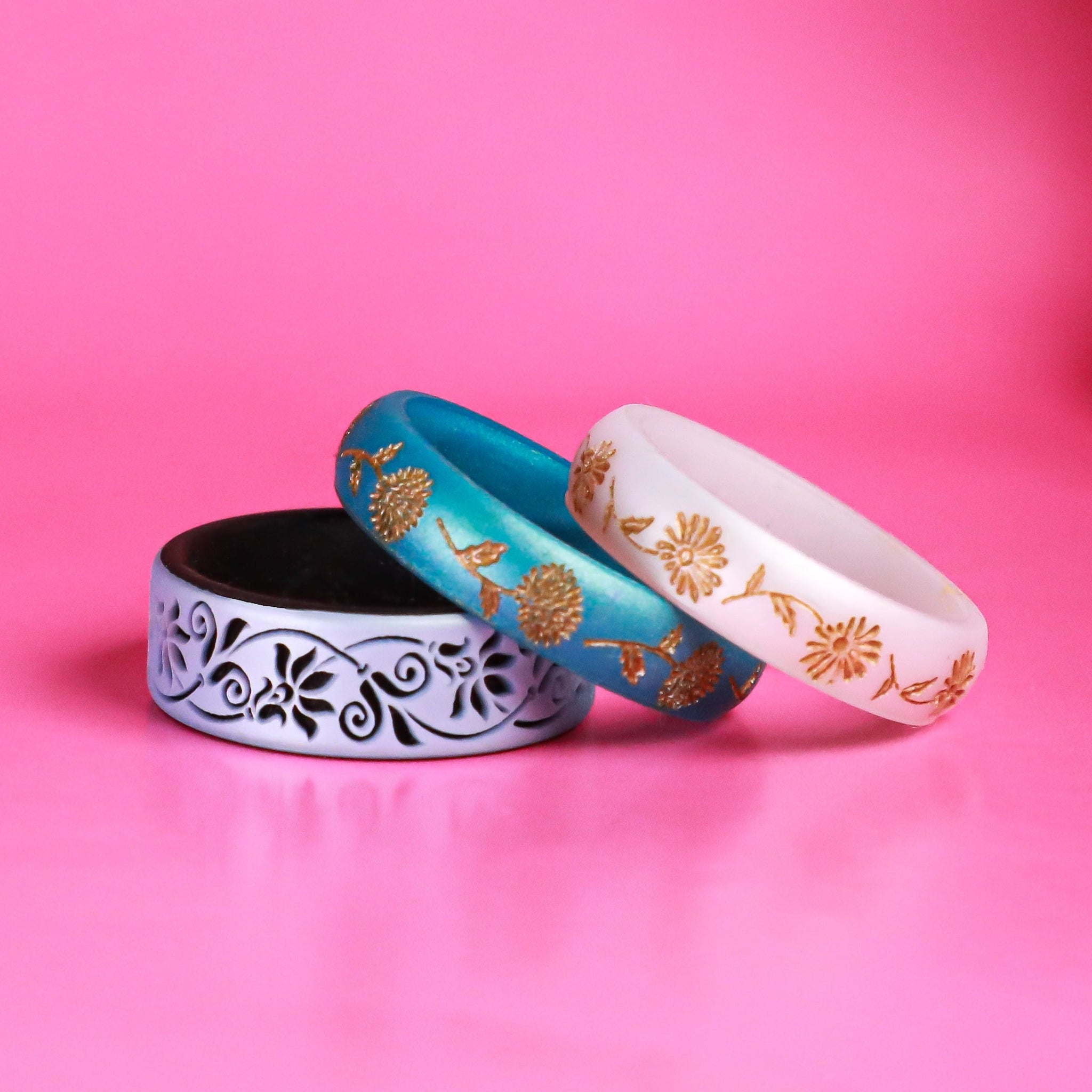 Aster Silicone Ring, September Birth Flower, Engraved with Gold Inlay