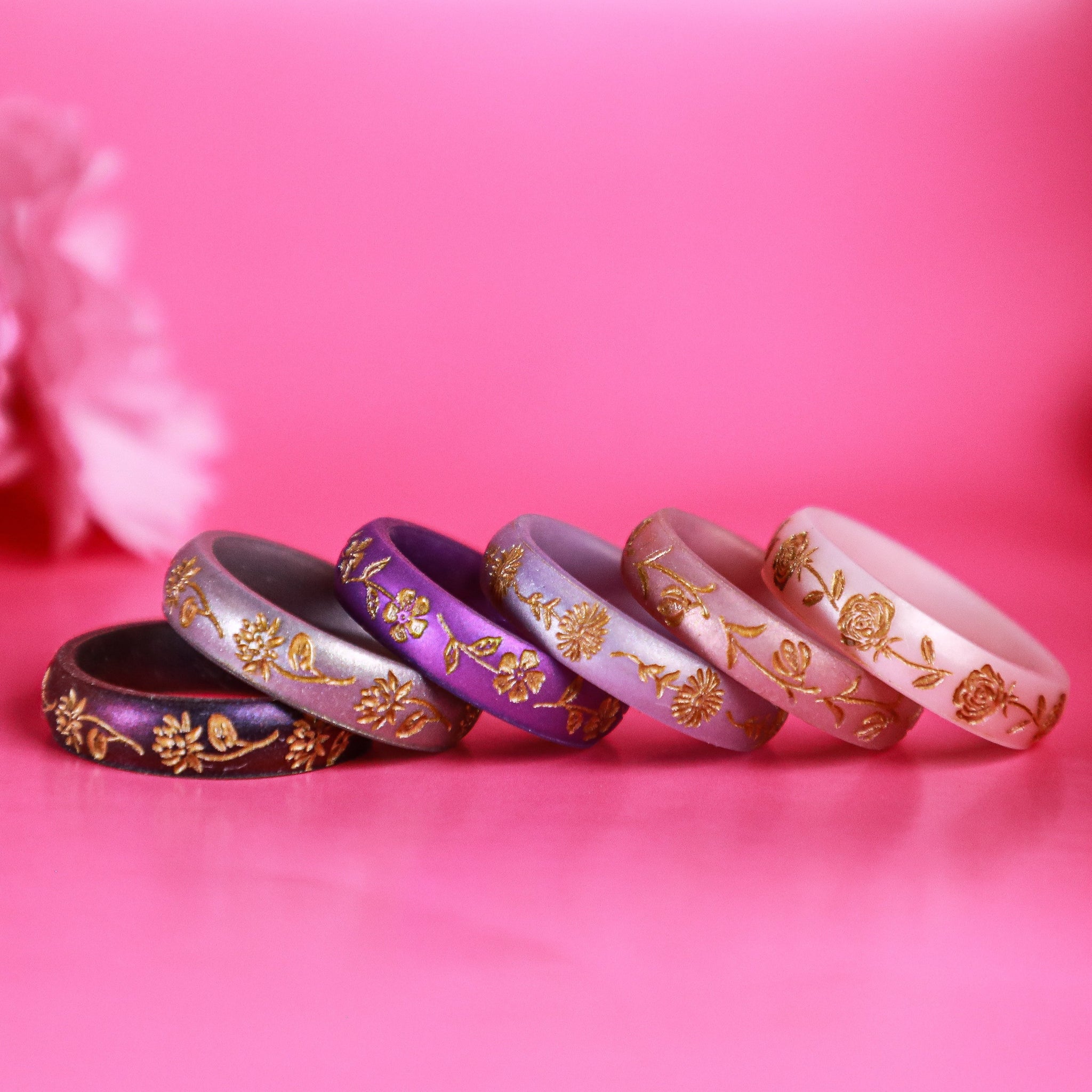 Primrose Silicone Ring, February Birth Flower, Engraved with Gold Inlay