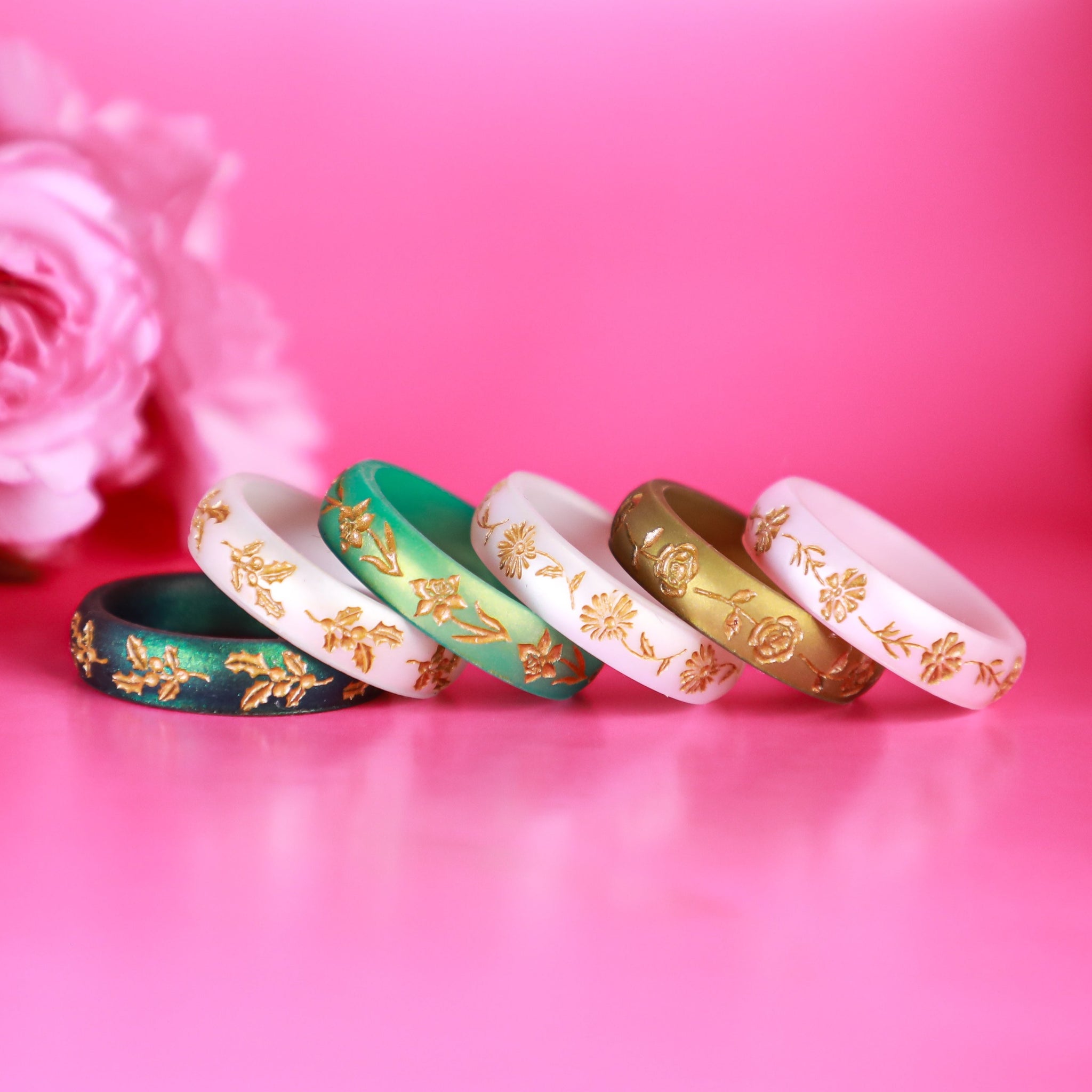 Primrose Silicone Ring, February Birth Flower, Engraved with Gold Inlay