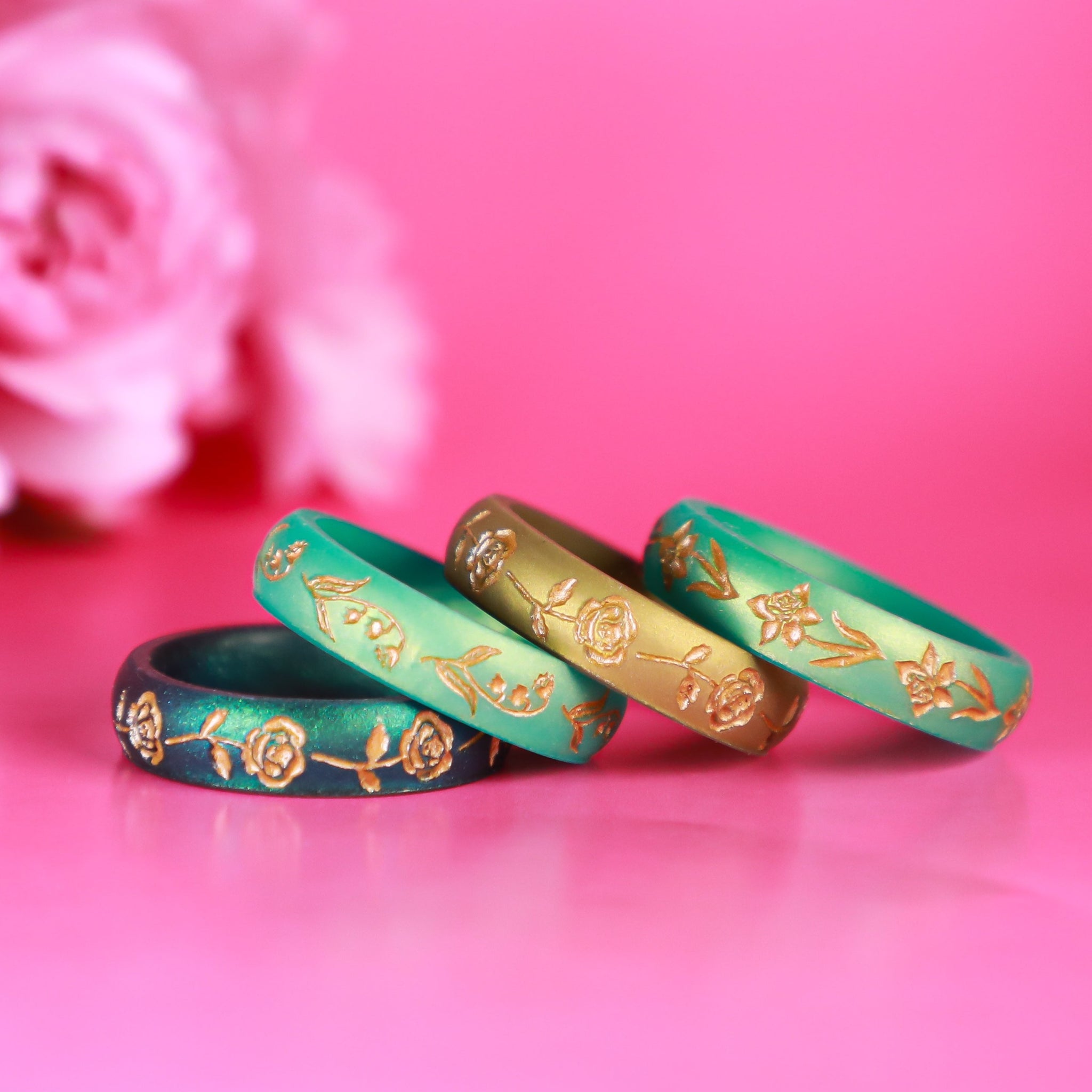 Lily of the Valley Silicone Ring, May Birth Flower, Engraved with Gold Inlay