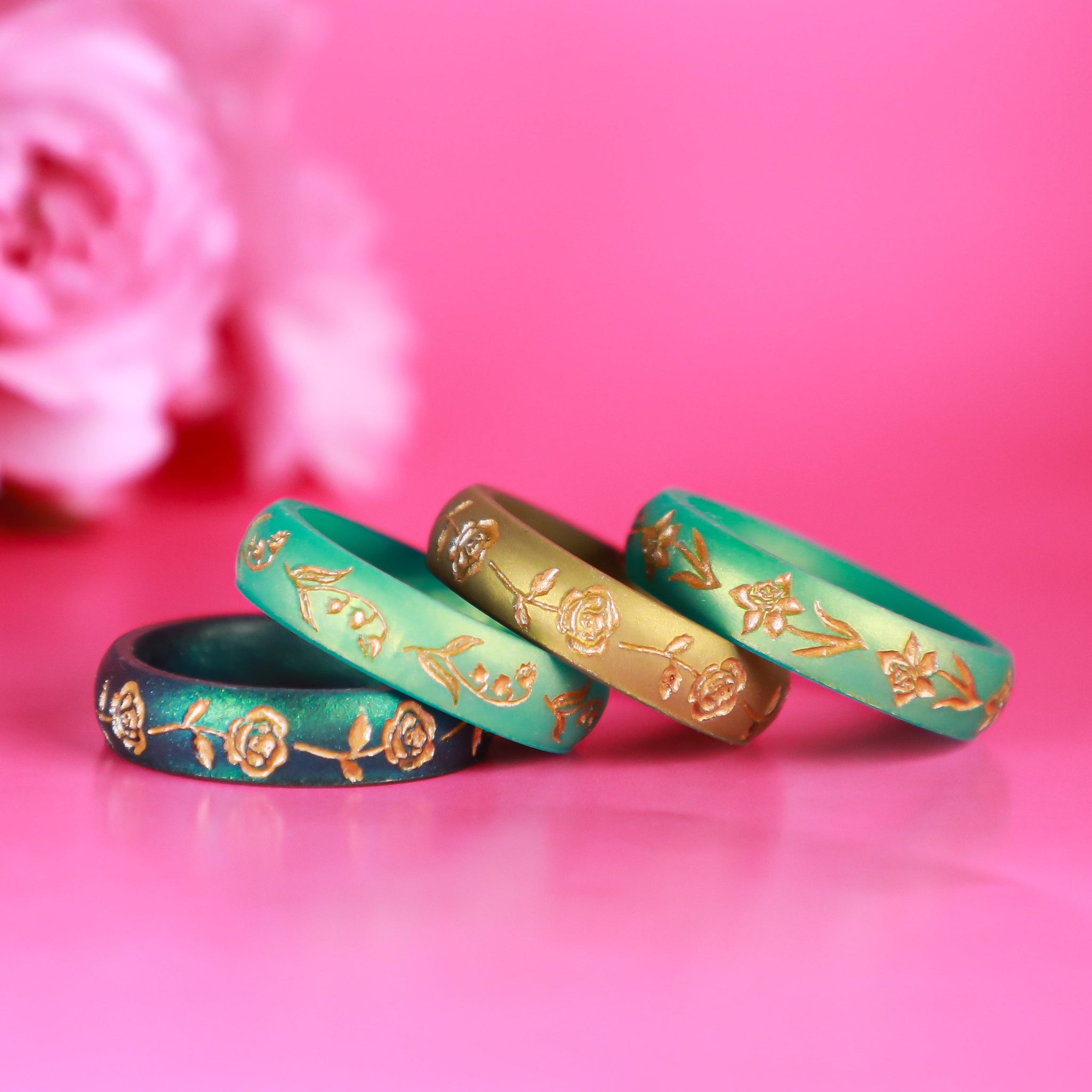 Poppy Silicone Ring, August Birth Flower, Engraved with Gold Inlay