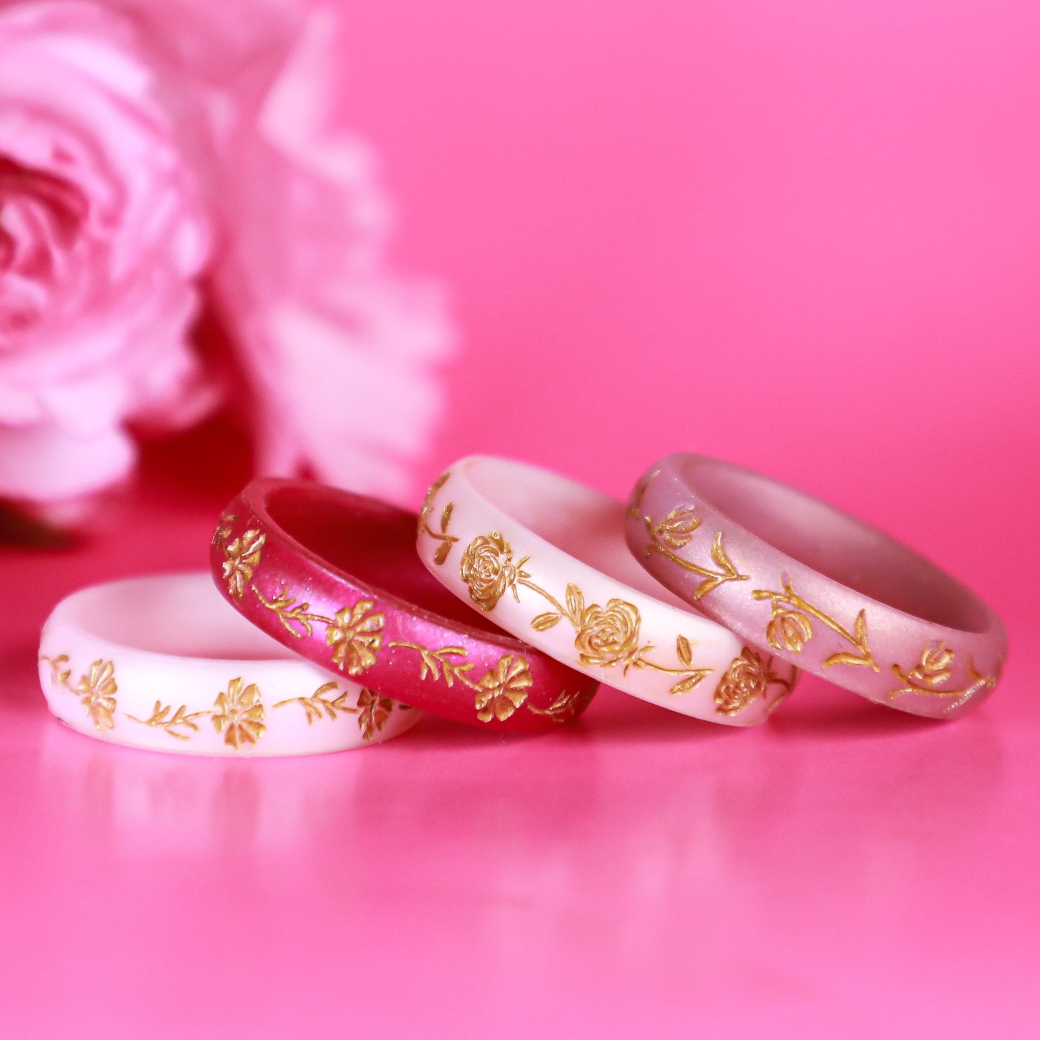 Rose Silicone Ring, June Birth Flower, Engraved with Gold Inlay
