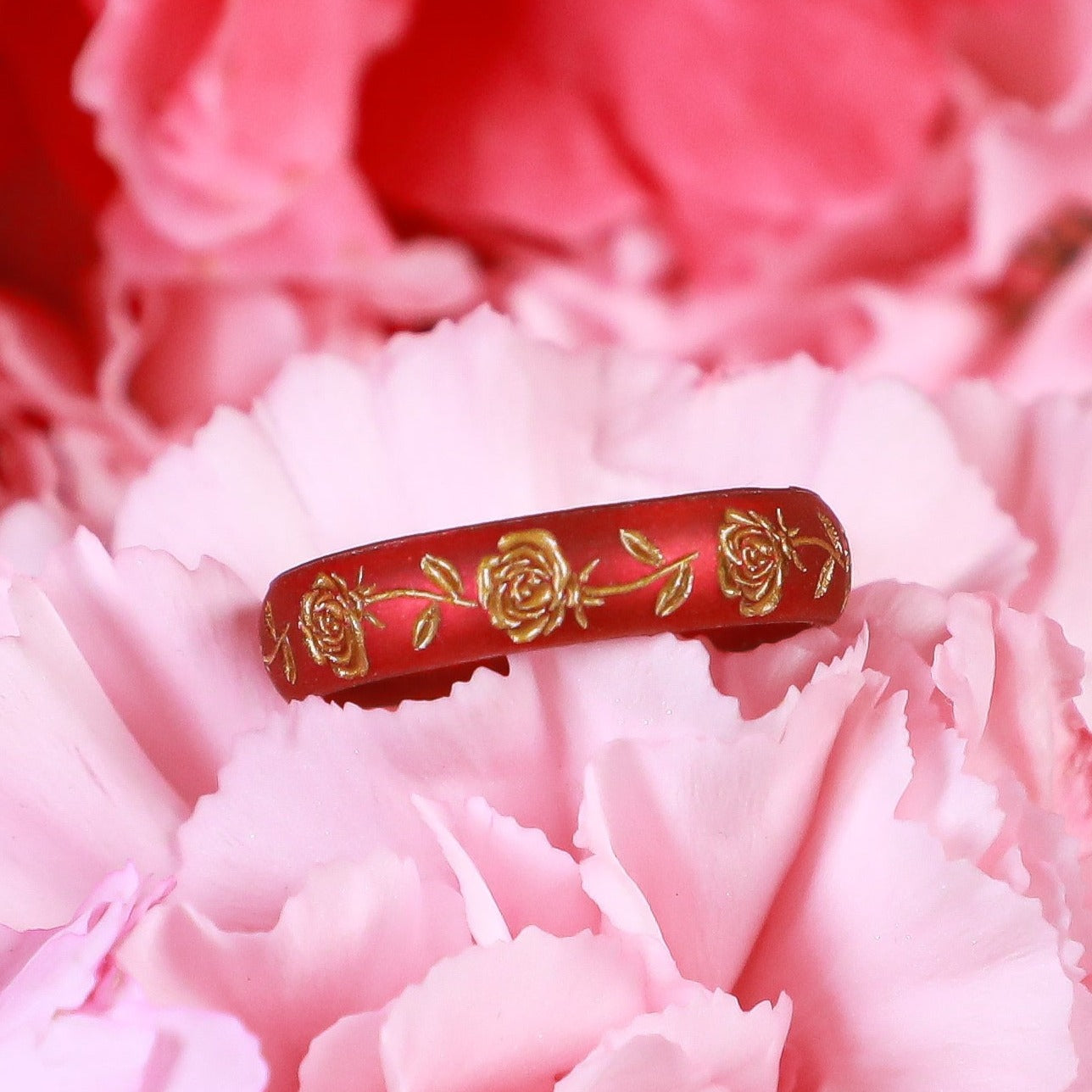 Rose Silicone Ring, June Birth Flower, Engraved with Gold Inlay