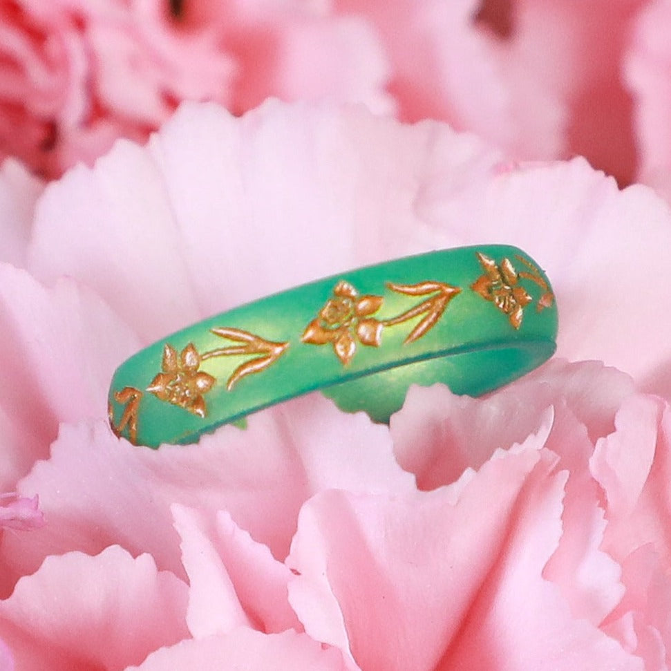 Gold Daffodil Silicone Ring, March Birth Flower on Arc 4mm