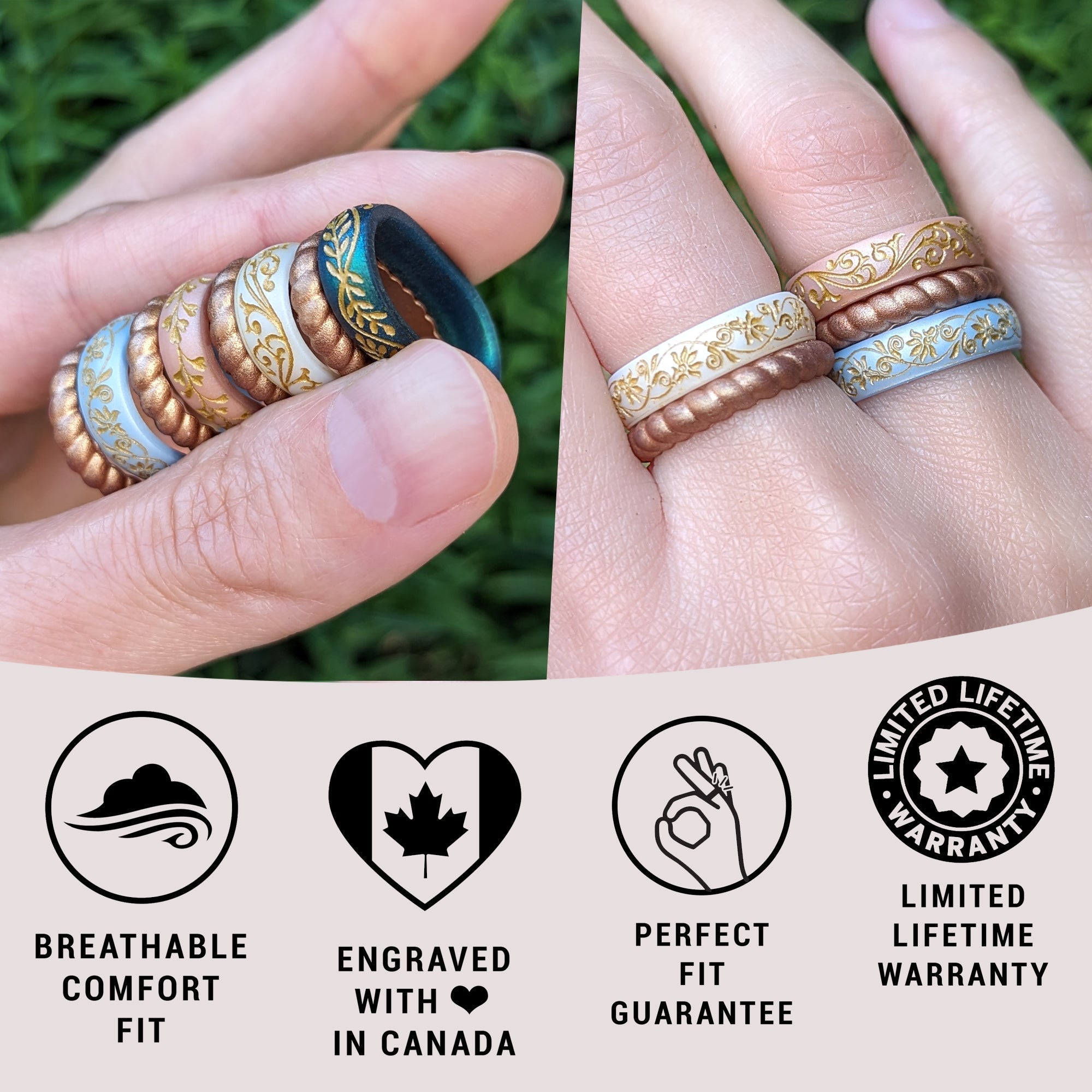 Gold Heart Vine Silicone Ring on Arc 4mm