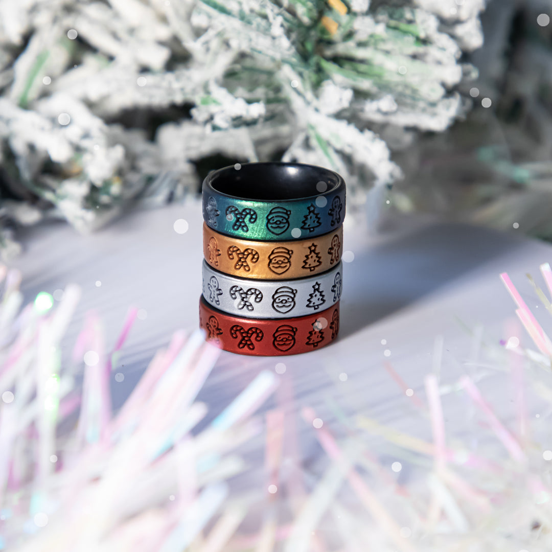 Merry Xmas Motifs Silicone Ring - Christmas Tree Gingerbread Man Santa Candy Canes Engraved Dual Layer