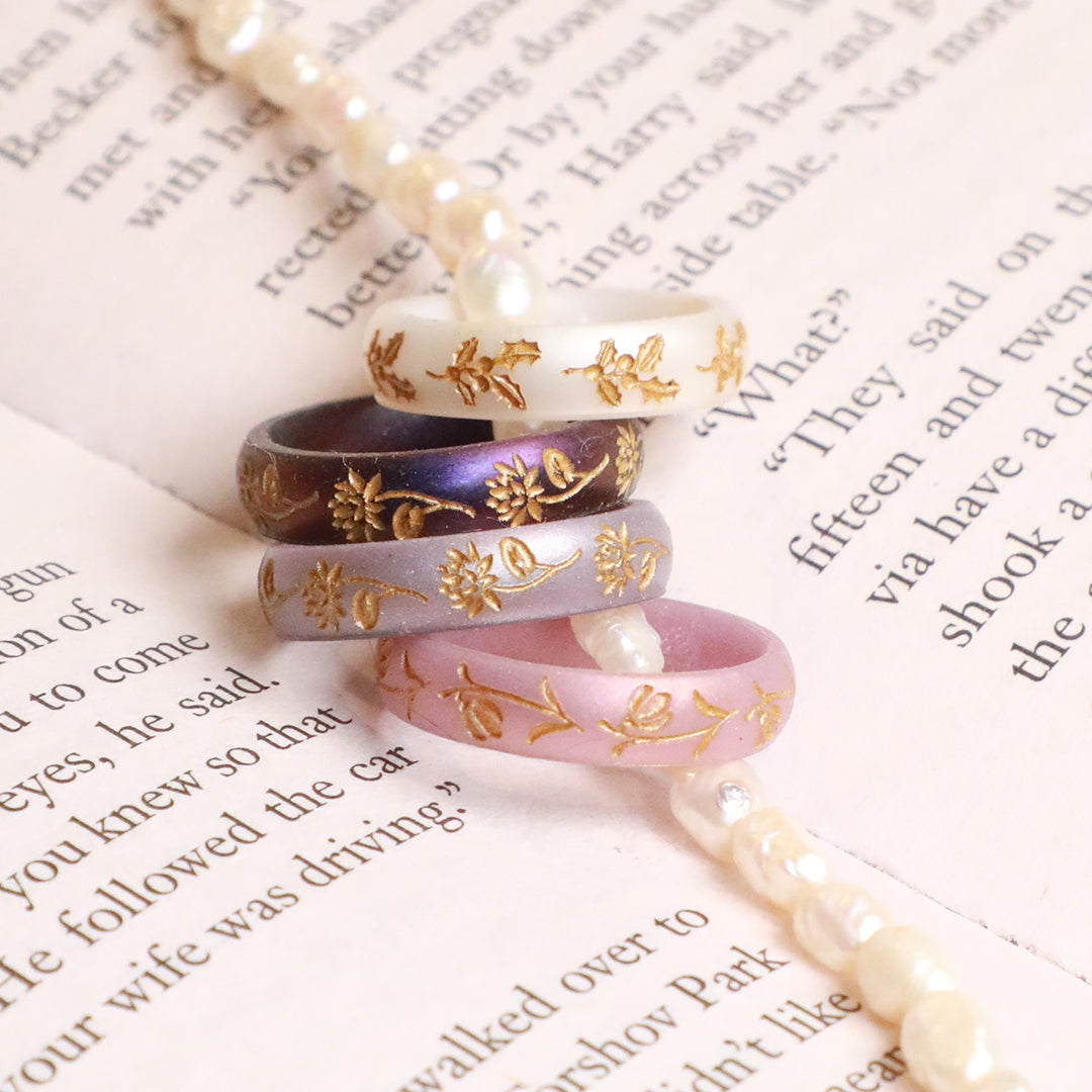 Gold Water Lily Silicone Wedding Ring, July Birth Flower on Arc 4mm
