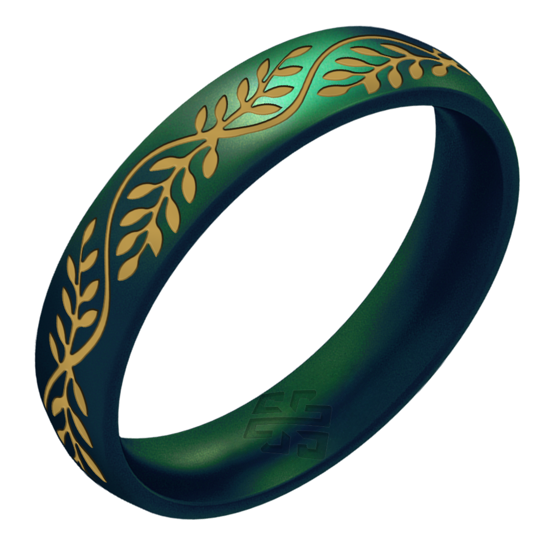 Knot Theory Silicone Wedding Band - Filigree & Laurel Leaf Engraved Ring With Gold Inlay, Comfort Fit For Active Lifestyles