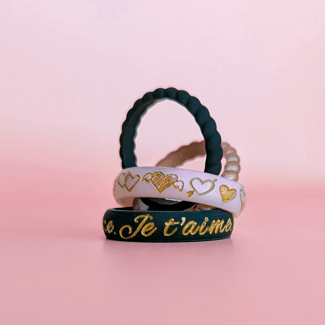Je t'aime Silicone Ring, Engraved with Gold Inlay - Arc 4mm