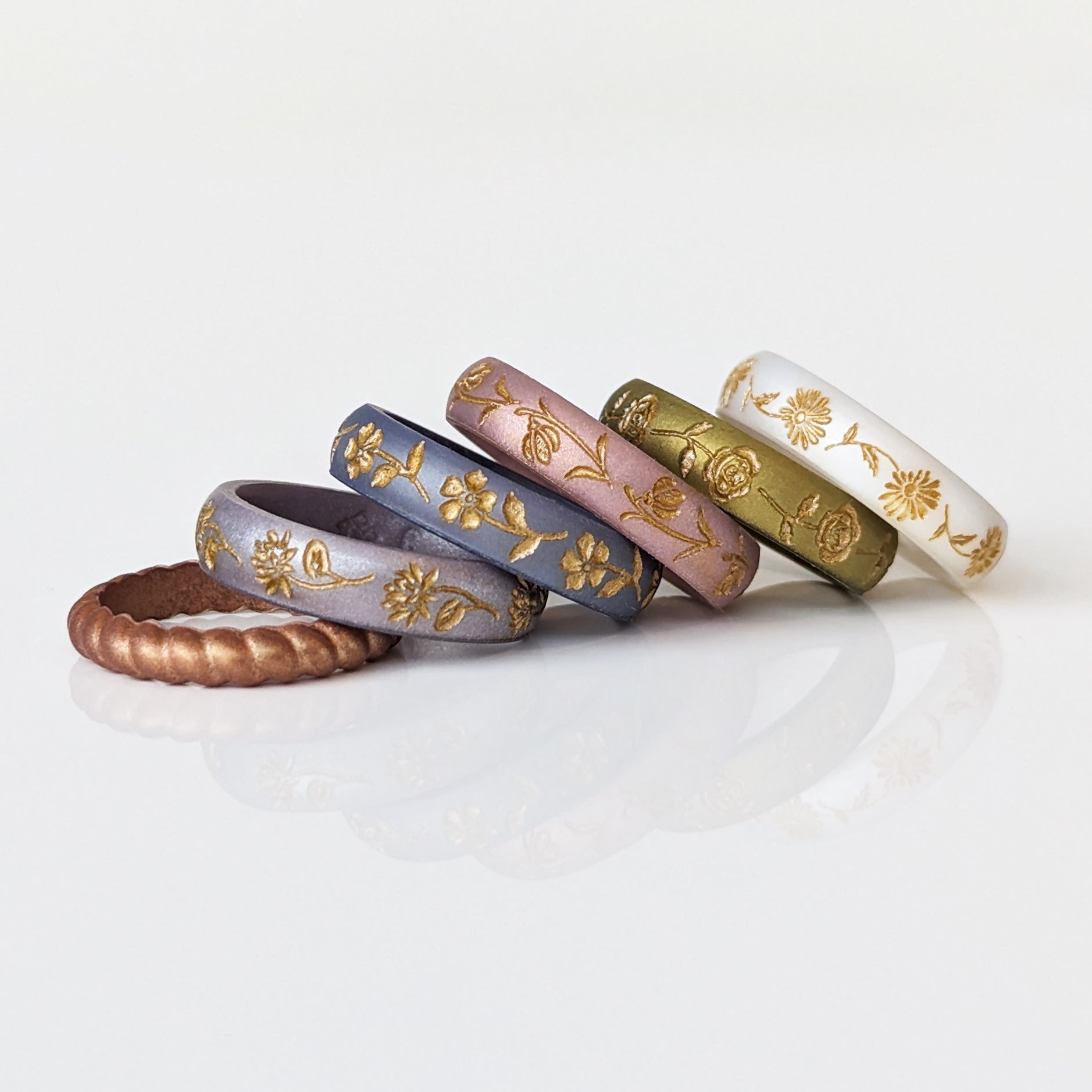 Lily of the Valley Silicone Ring, May Birth Flower, Engraved with Gold Inlay