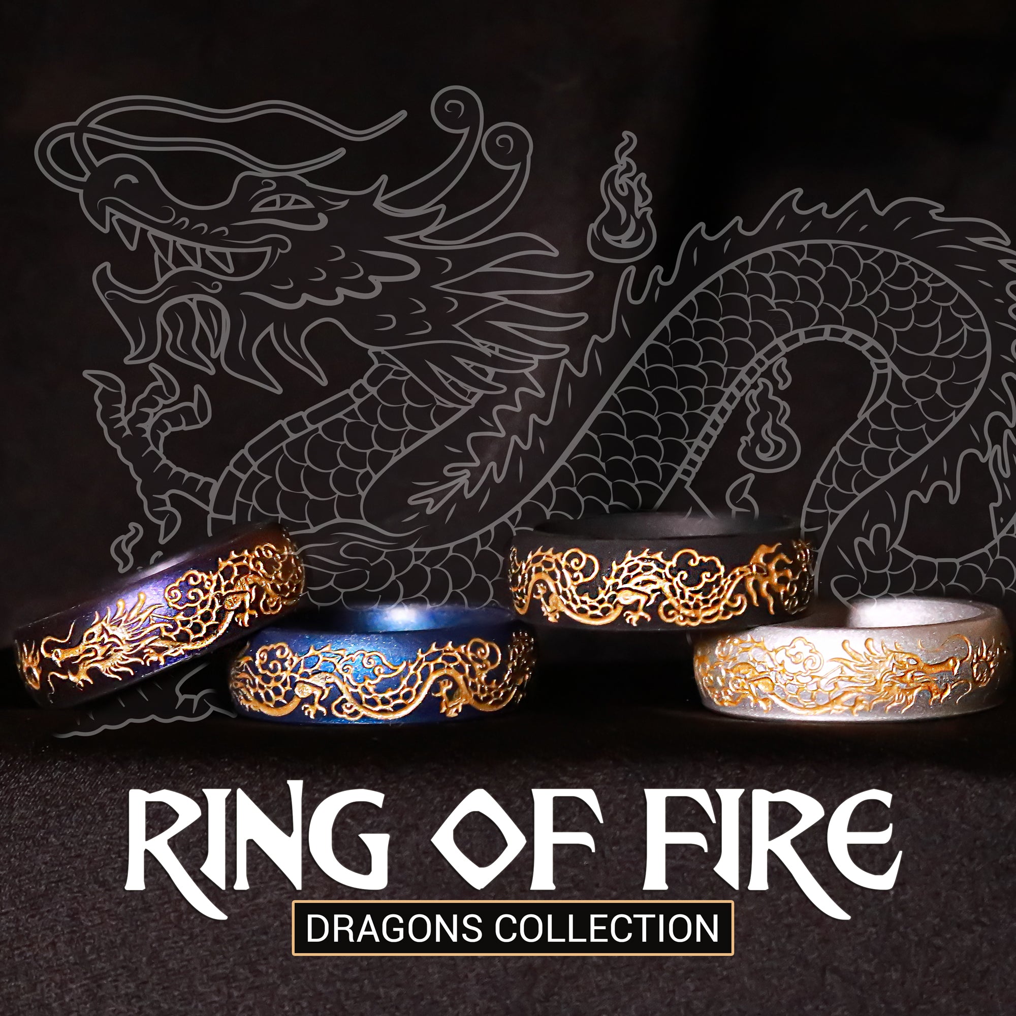 Gold Dragon Silicone Ring, Engraved 6mm