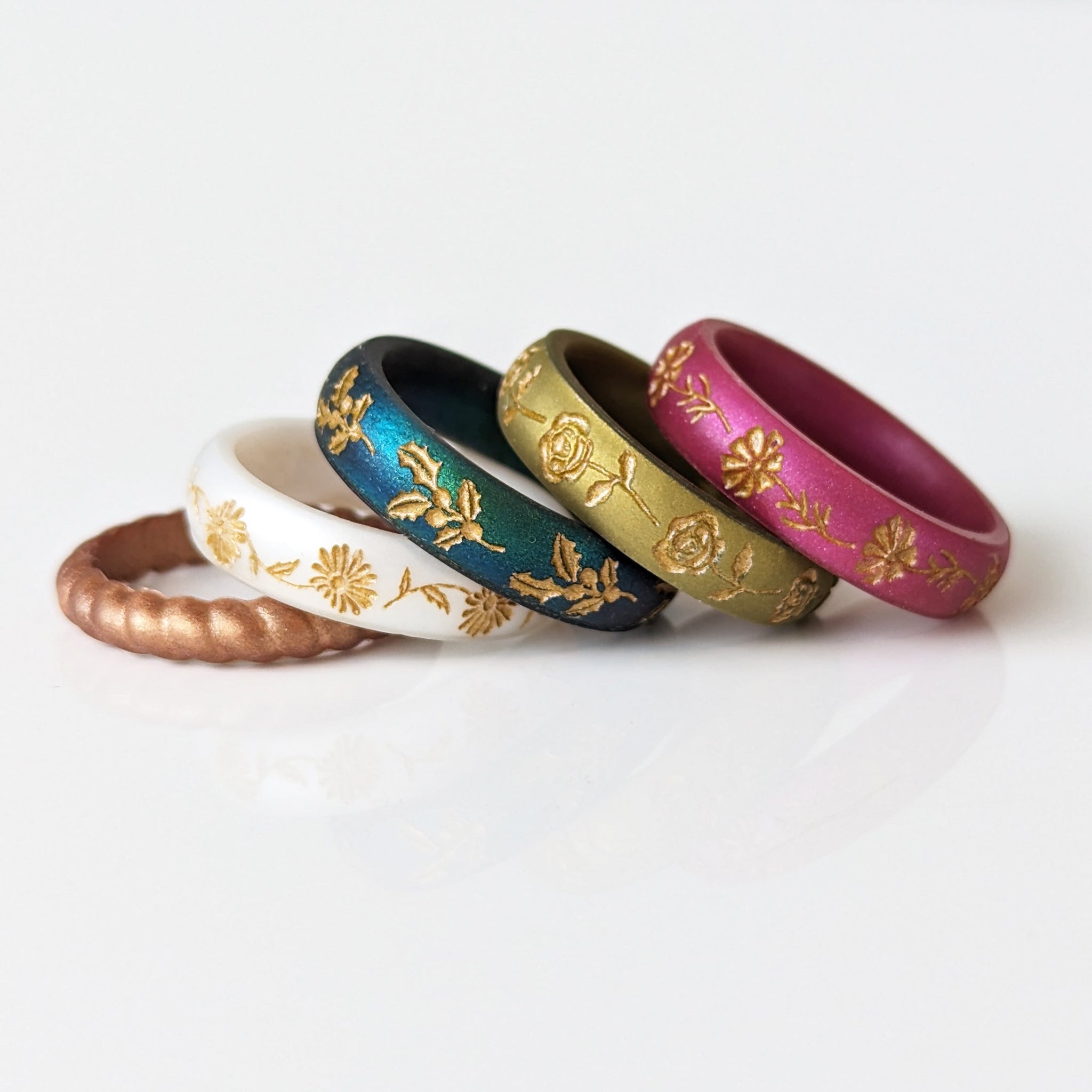 Lily of the Valley Silicone Ring, May Birth Flower, Engraved with Gold Inlay