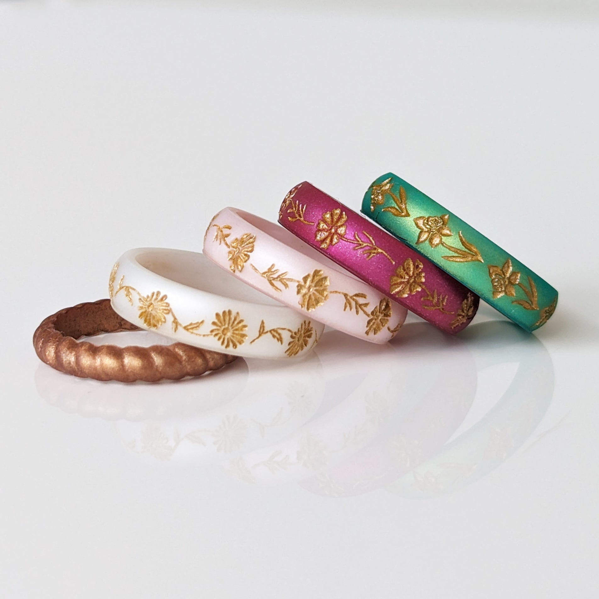 Lily of the Valley Silicone Ring, May Birth Flower, Engraved with Gold Inlay
