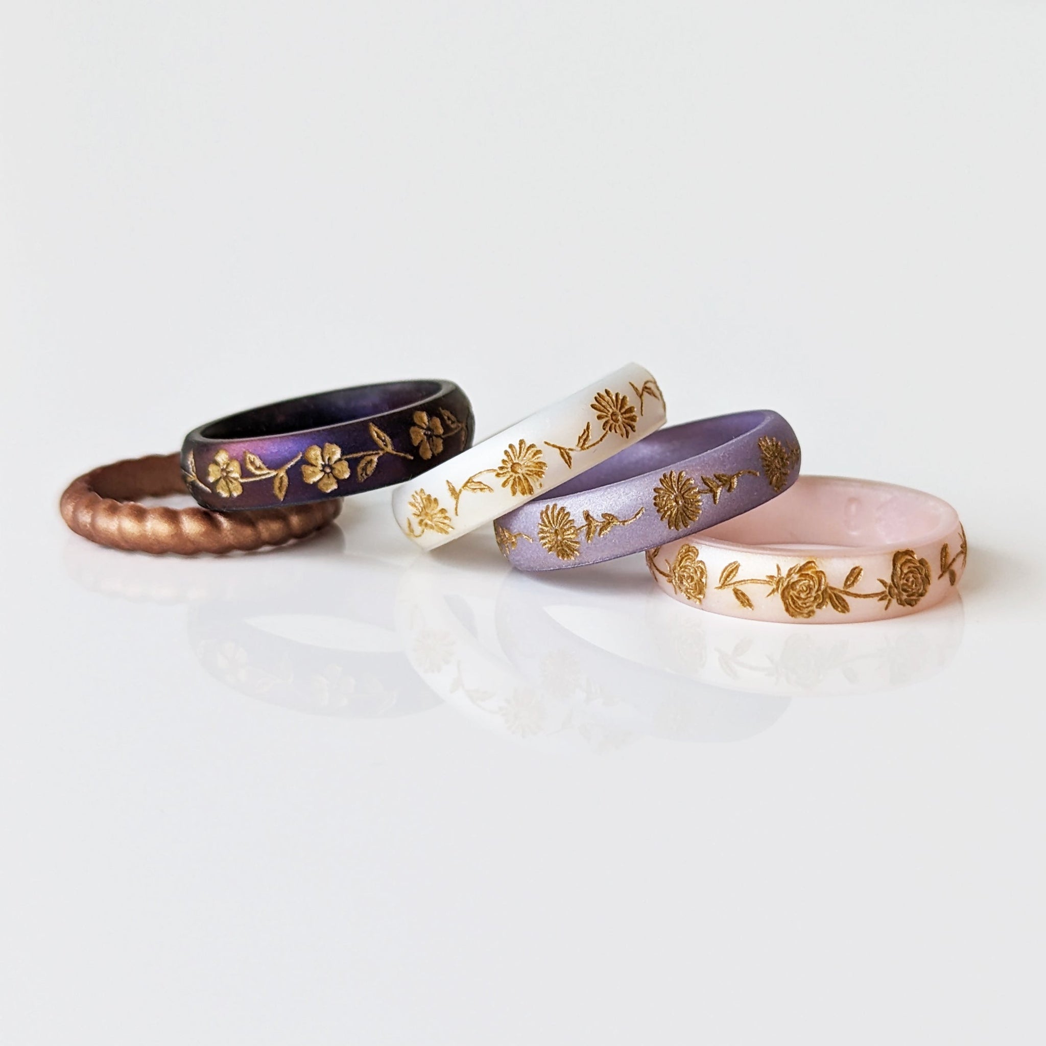 Lily of the Valley Silicone Ring, May Birth Flower, Engraved with Gold Inlay