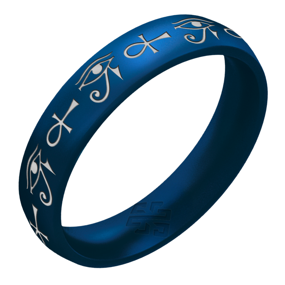 Silver Eye of Horus & Ankh Silicone Ring on Arc 4mm