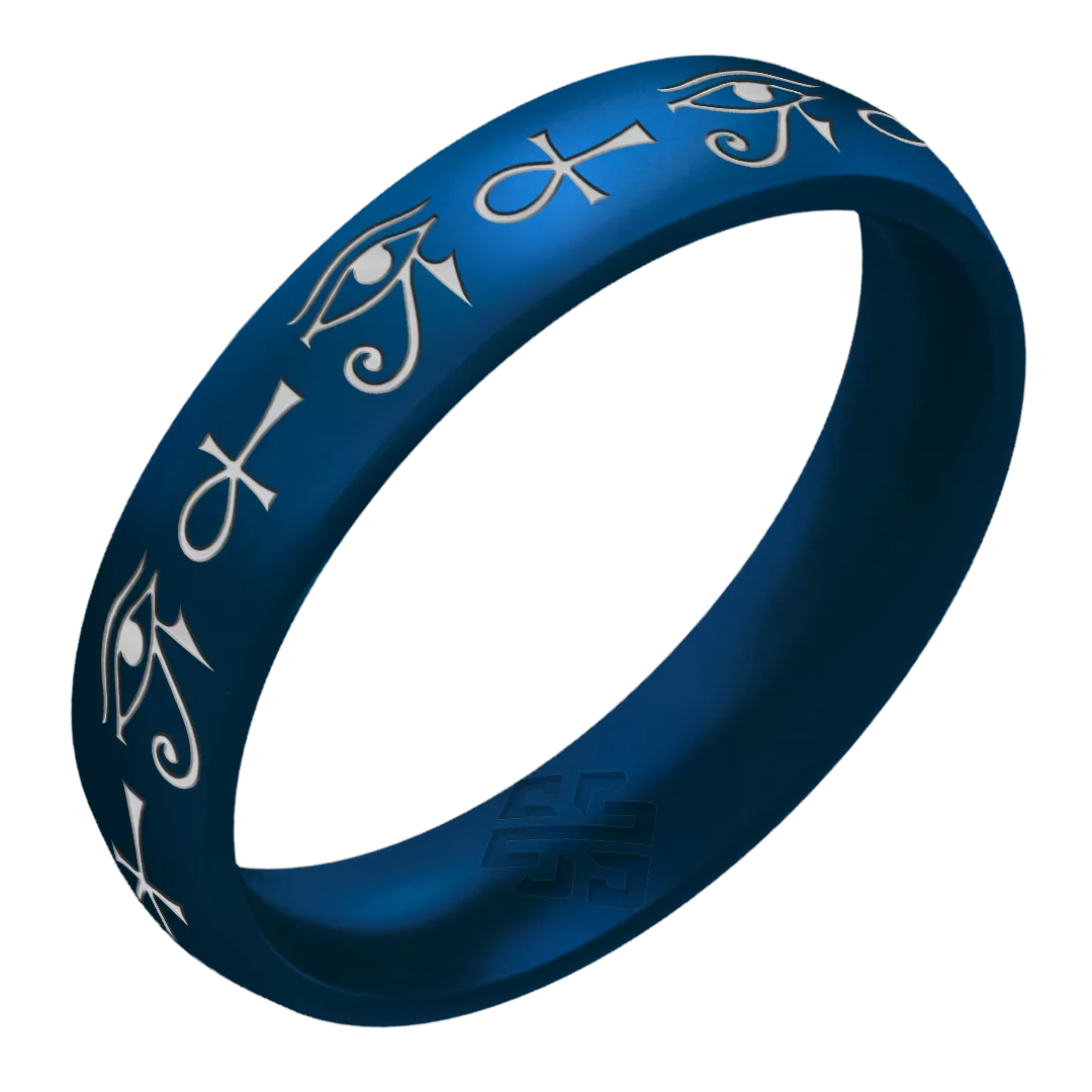 Silver Eye of Horus & Ankh Silicone Ring on Arc 4mm