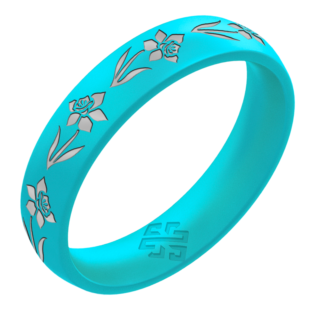 Silver Daffodil Silicone Ring, March Birth Flower on Arc 4mm