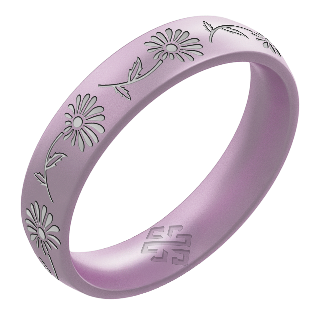 Silver Daisy Silicone Ring, April Birth Flower on Arc 4mm