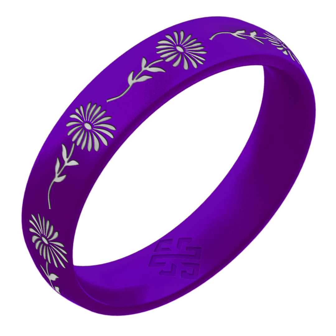 Silver Aster Silicone Ring, September Birth Flower on Arc 4mm