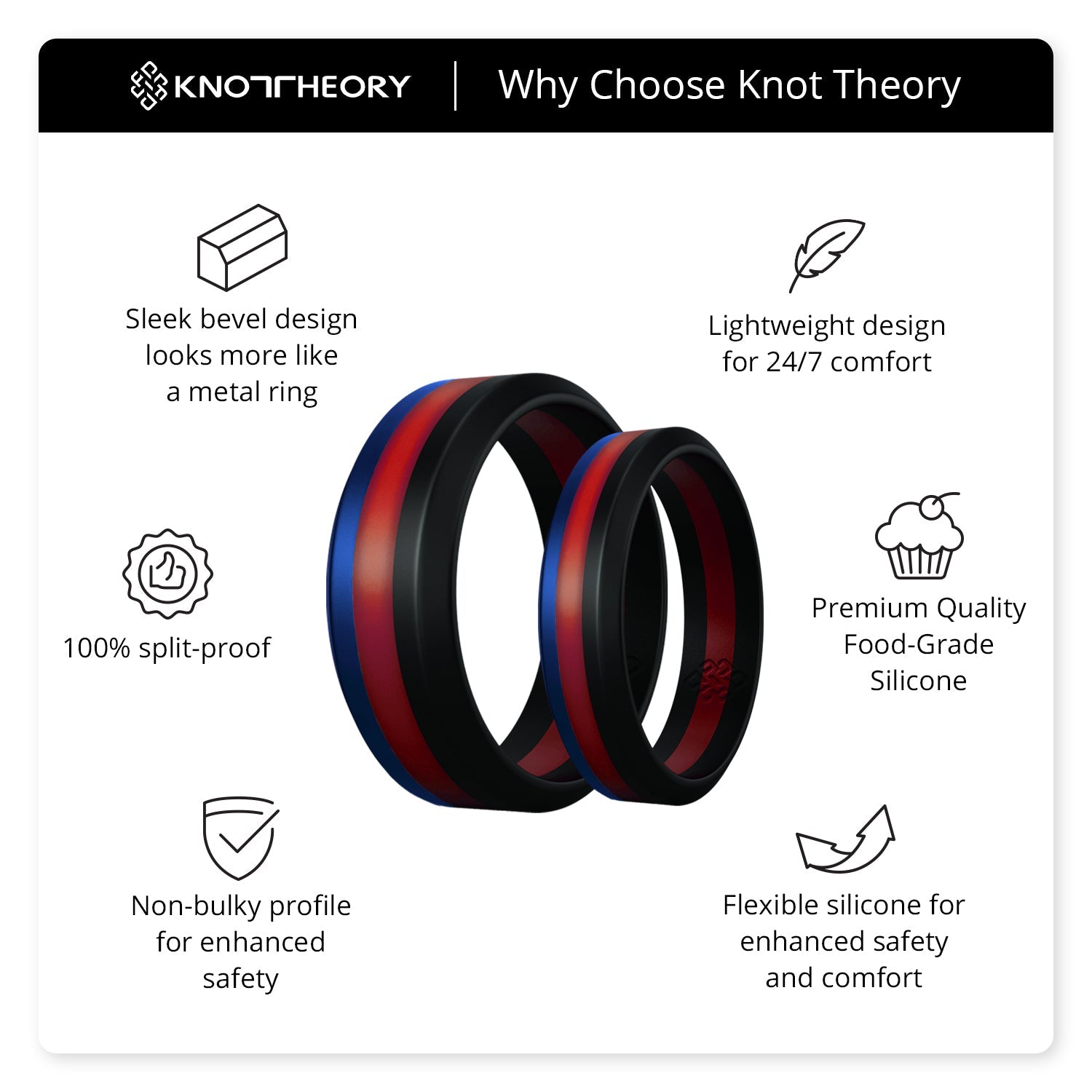 Blue Red Black Stripe Silicone Ring for Men and Women - Knot Theory
