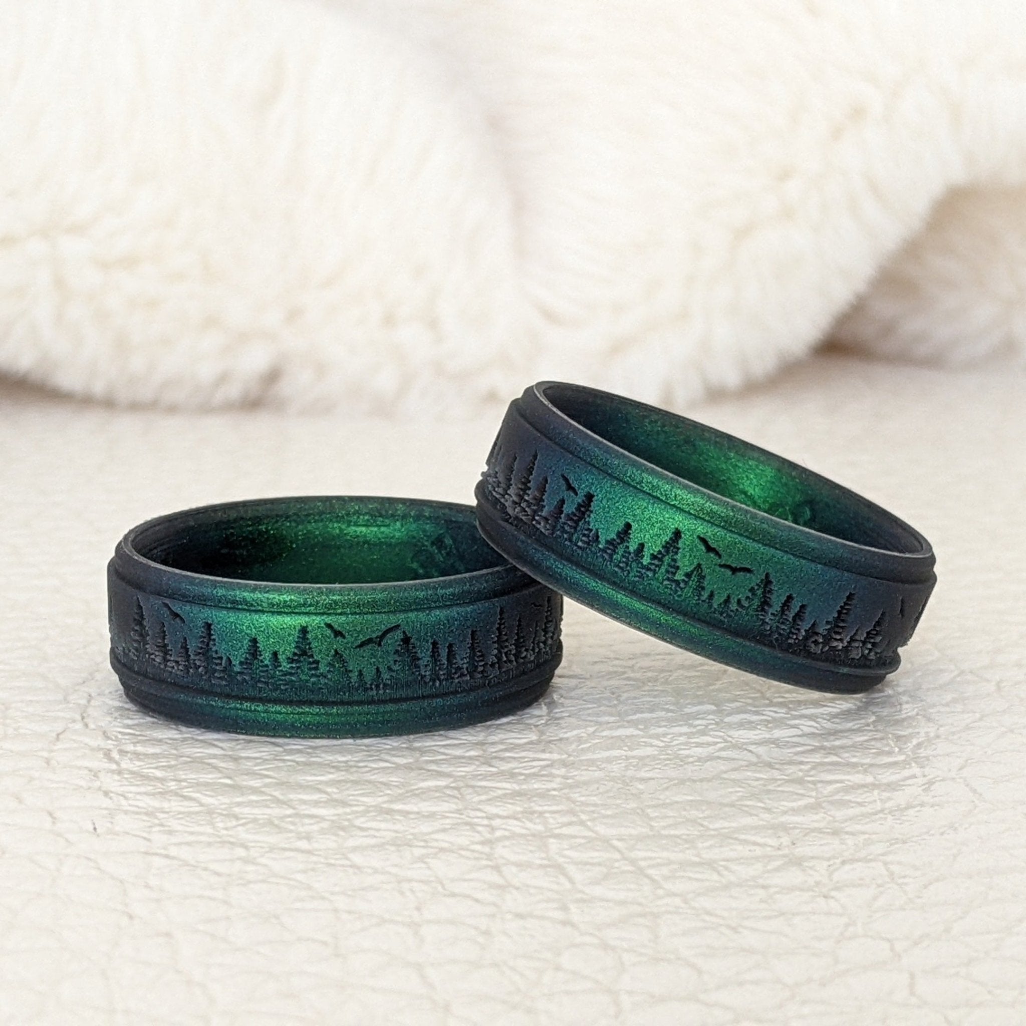 Custom Engraved Forest Trees Silicone Ring in Metal Blue, Dark Silver, Black, Green, or Teal - Knot Theory