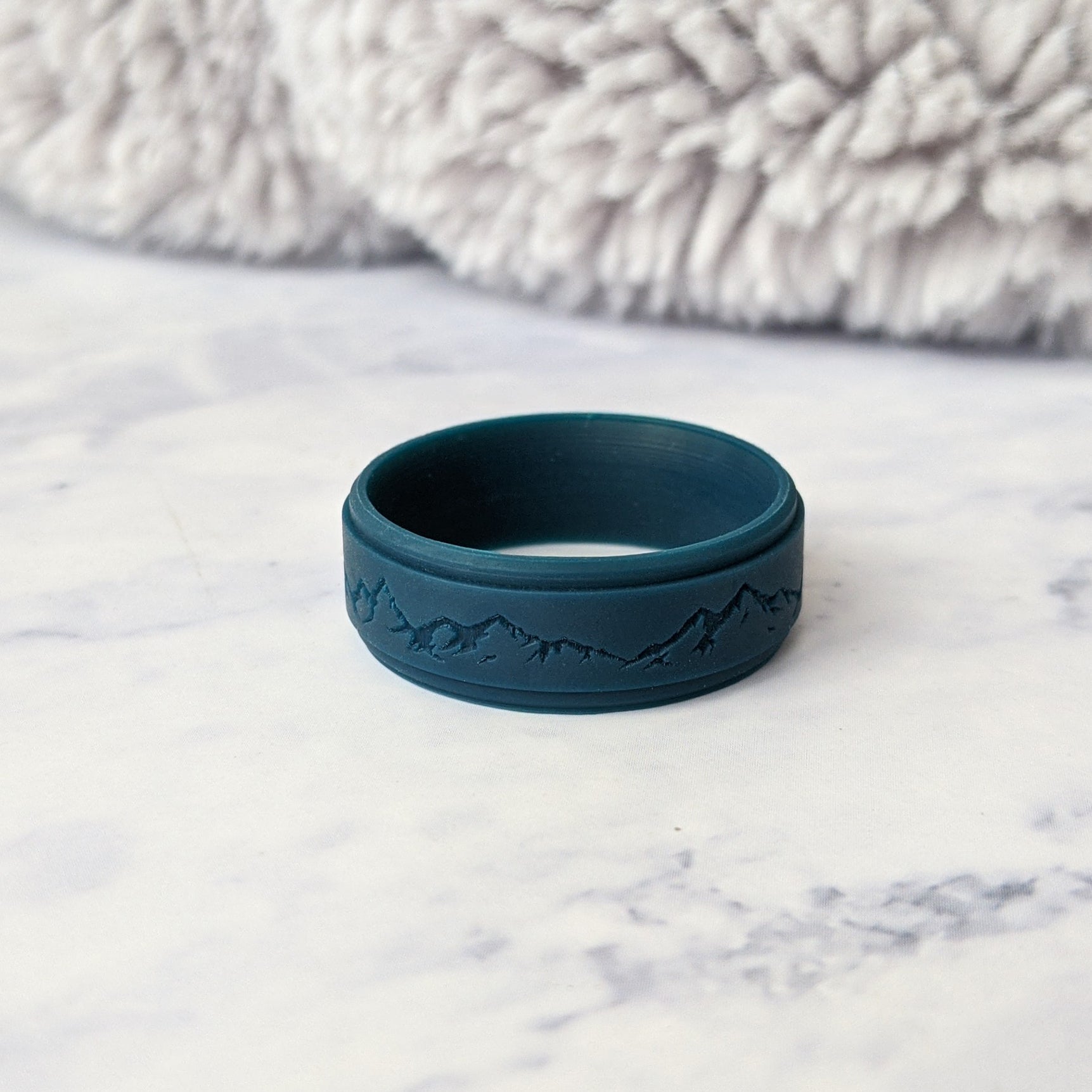 Custom Engraved Mountain Silicone Ring in Metal Blue, Dark Silver, Black, or Teal - Knot Theory