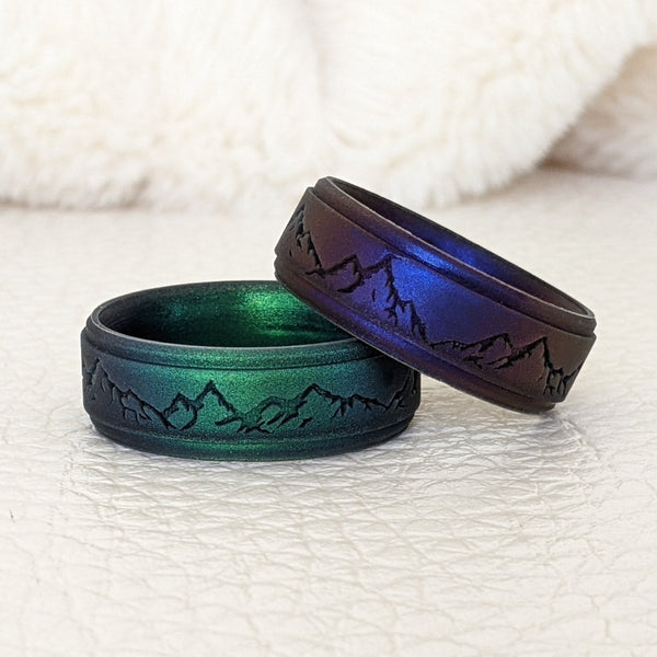 Custom Engraved Mountain Silicone Ring in Metal Blue, Dark Silver, Black, or Teal - Knot Theory