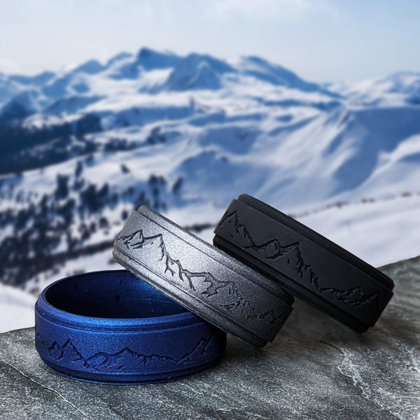 Custom Engraved Mountain Silicone Ring in Metal Blue, Dark Silver, Black, or Teal - Knot Theory