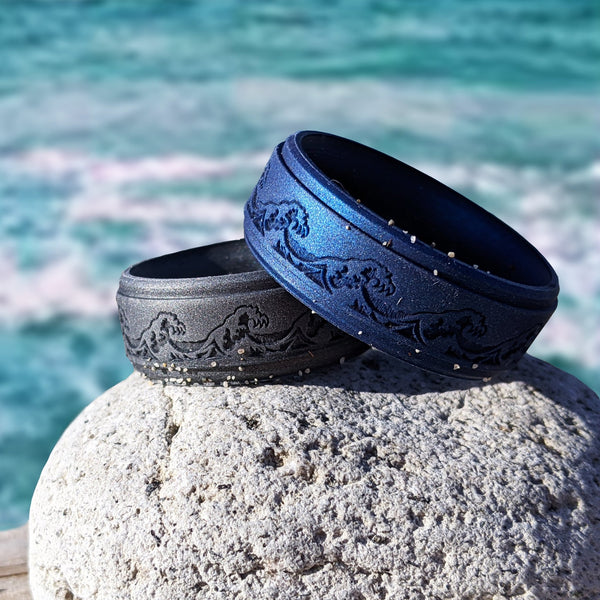 Custom Engraved Ocean Waves Silicone Ring in Metal Blue, Dark Silver, Black, or Metal Teal - Knot Theory