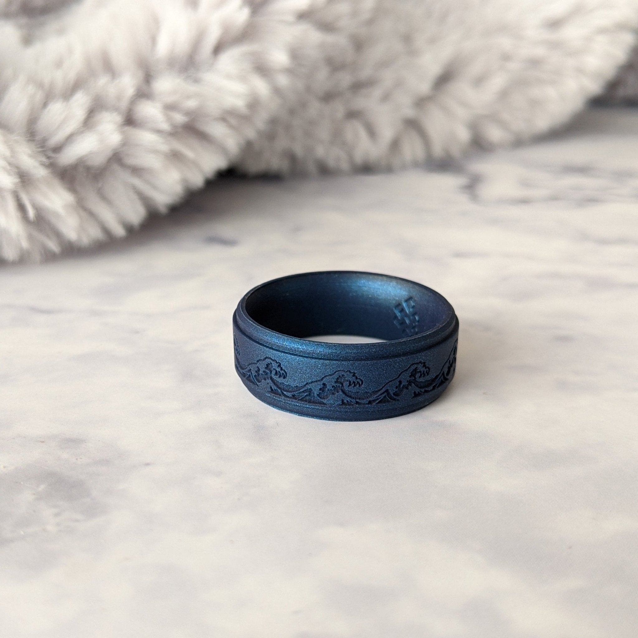 Custom Engraved Ocean Waves Silicone Ring in Metal Blue, Dark Silver, Black, or Metal Teal - Knot Theory