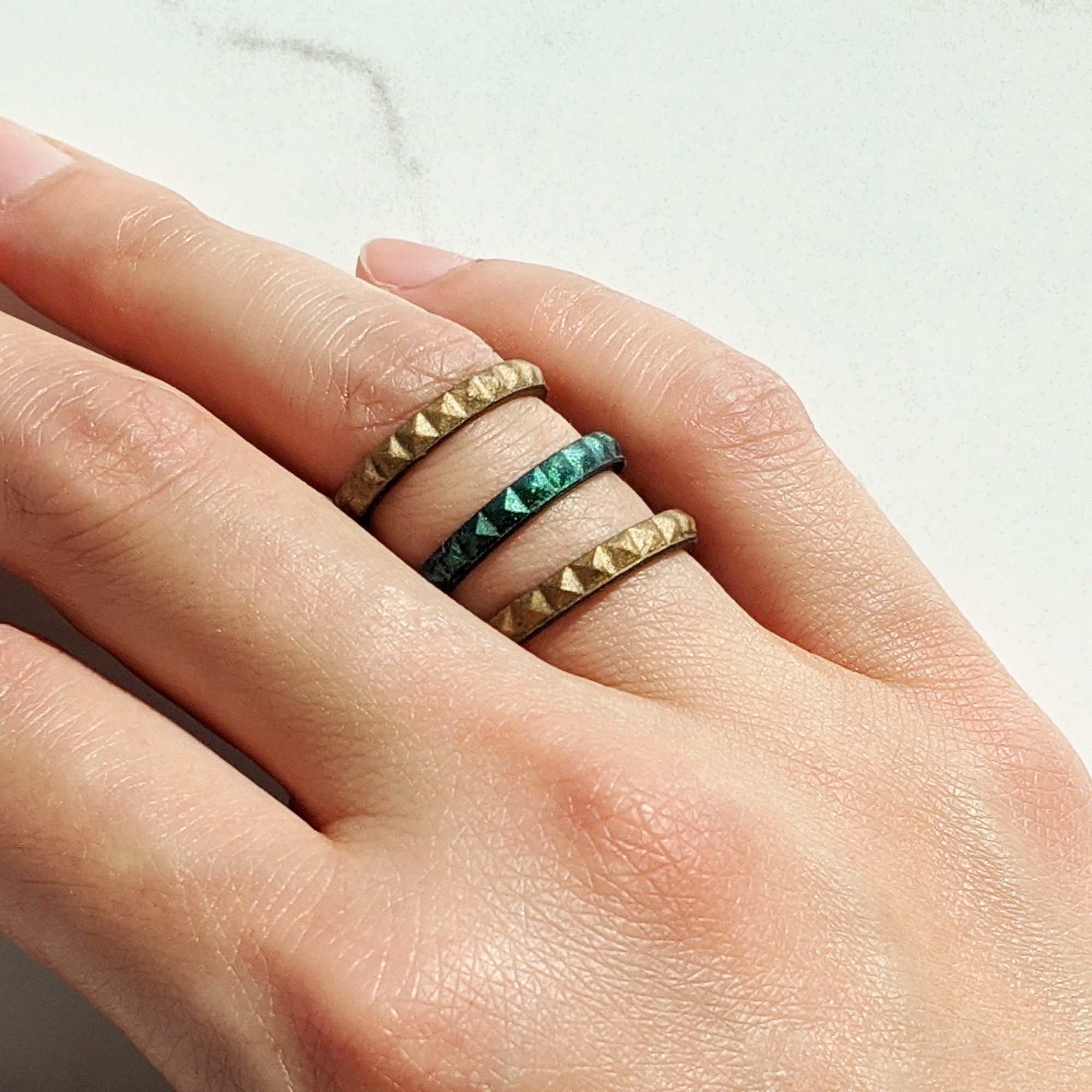 Enchanted Green Pyramid Stackable Slim Thin Silicone Ring for Women - Knot Theory