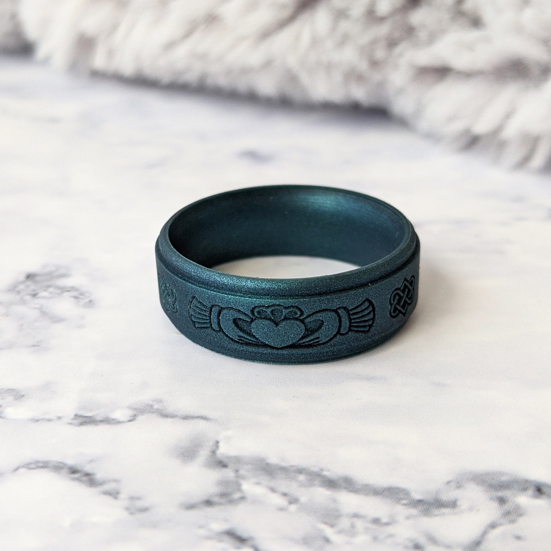 Engraved Claddagh Silicone Ring for Men in Black, Dark Silver, Metal Blue, or Metal Teal - Knot Theory