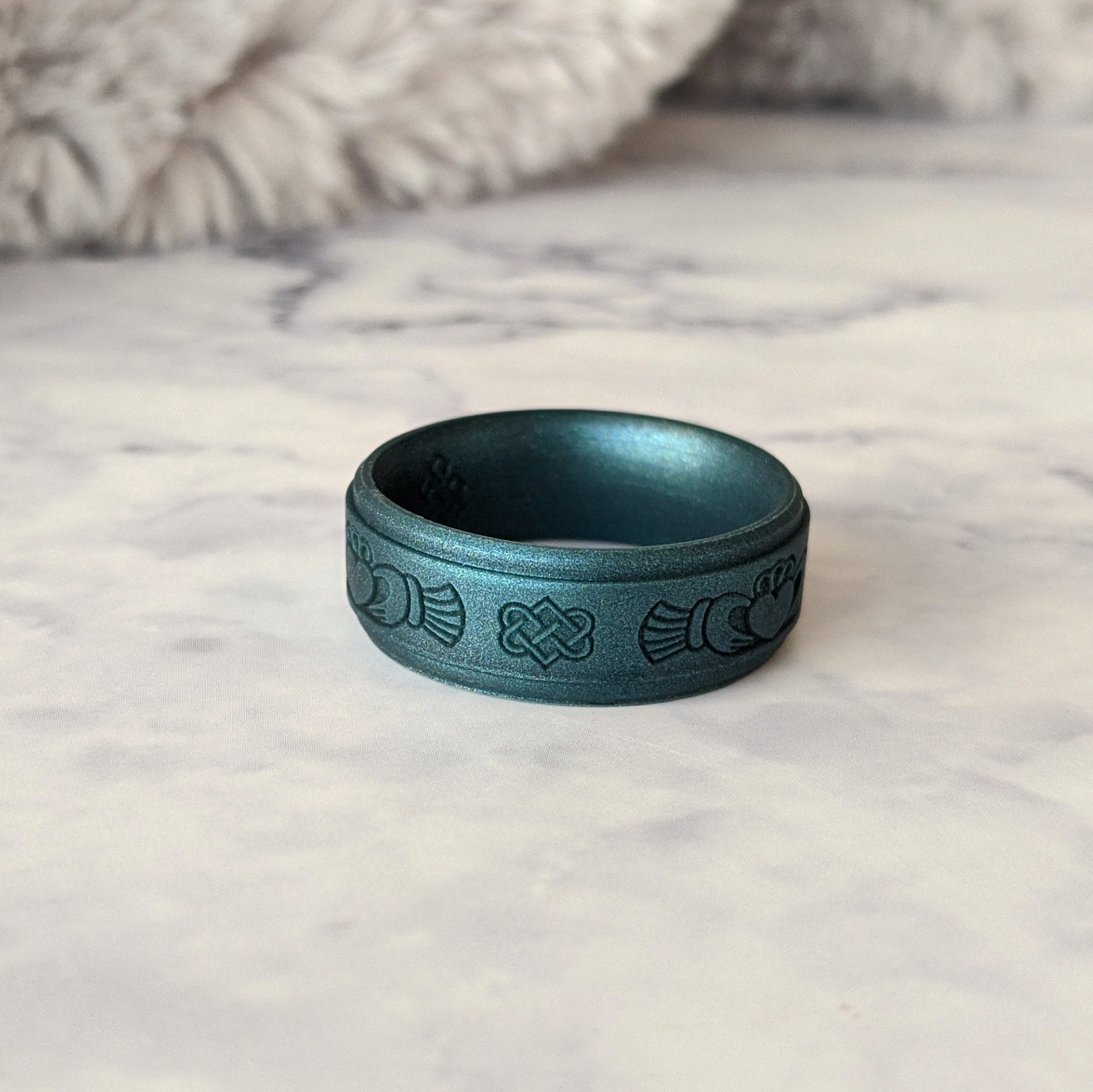 Engraved Claddagh Silicone Ring for Men in Black, Dark Silver, Metal Blue, or Metal Teal - Knot Theory