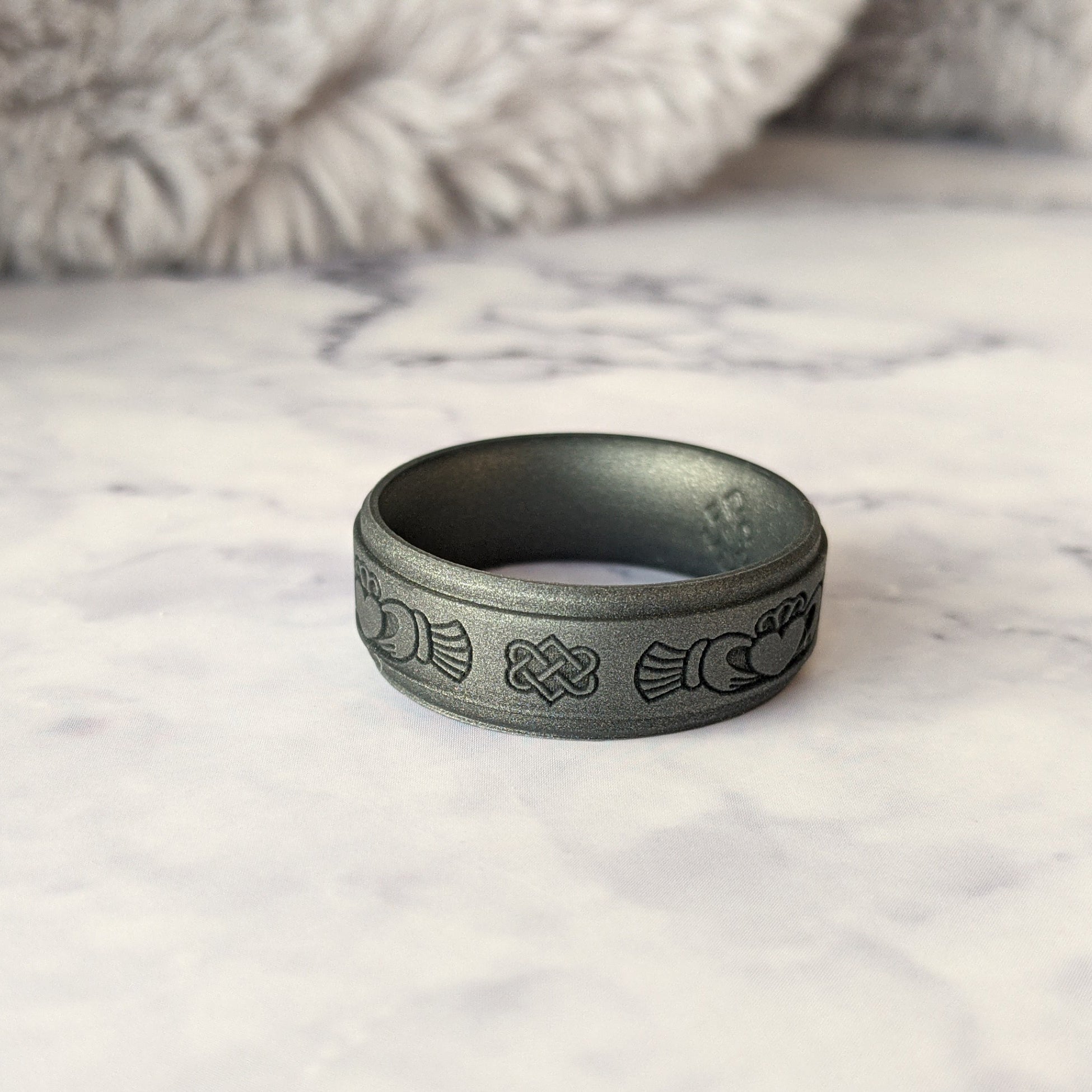 Engraved Claddagh Silicone Ring for Men in Black, Dark Silver, Metal Blue, or Metal Teal - Knot Theory